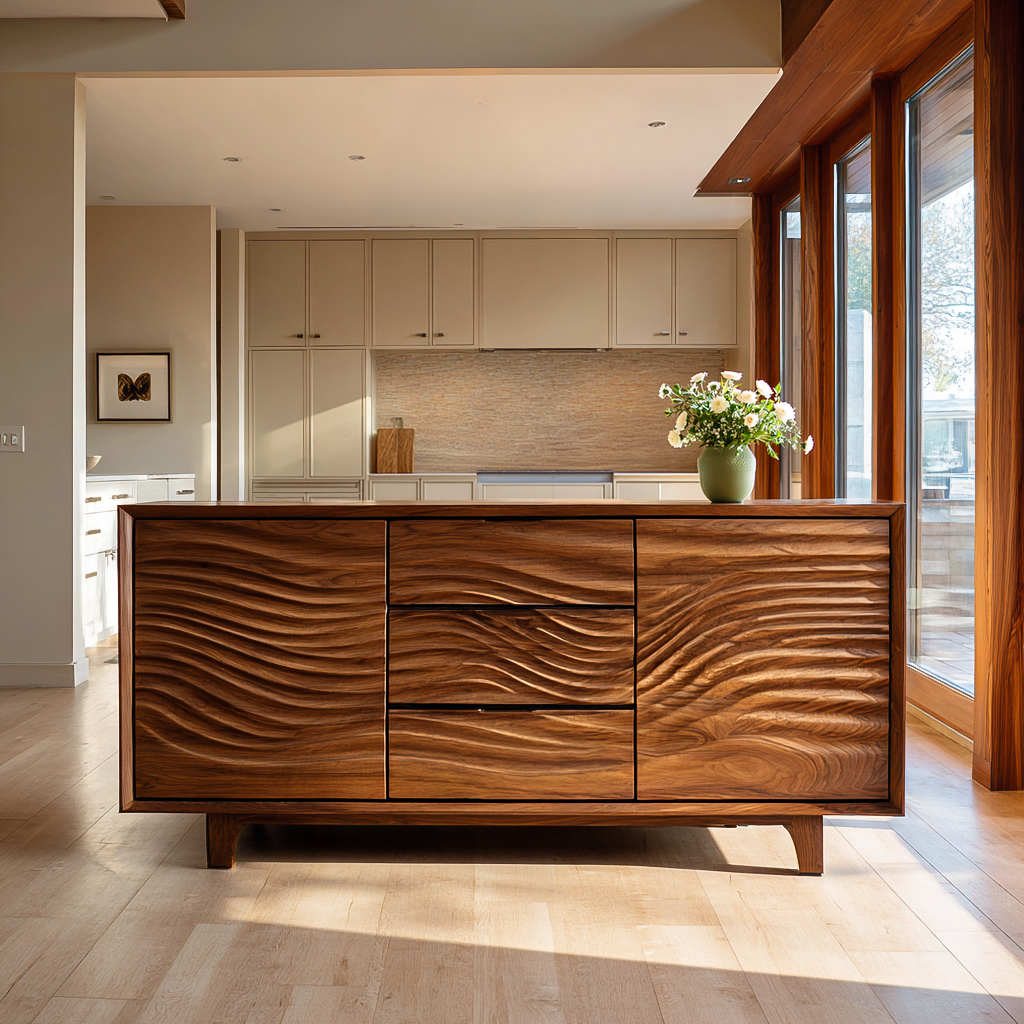 Modern Wood Sideboard With Wave Carving For Minimalist Home RTTHTTSD062