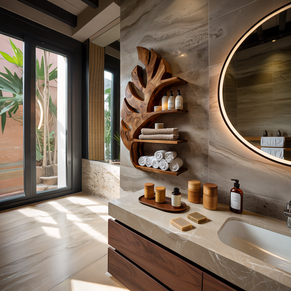 Organic Wooden Leaf Wall Mounted Bathroom Shelf For Spa RTTHTTBAS050