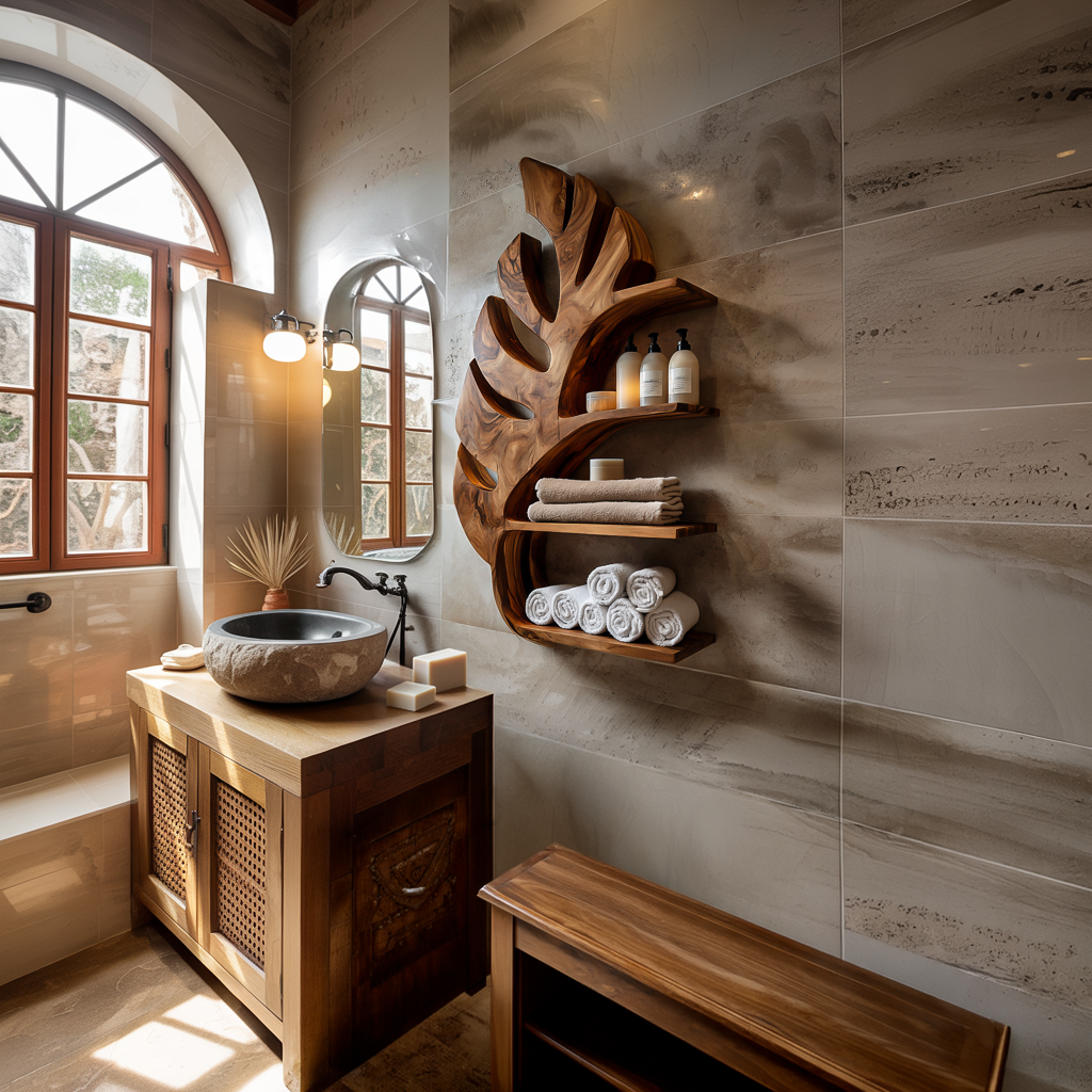 Organic Wooden Leaf Wall Mounted Bathroom Shelf For Spa RTTHTTBAS050