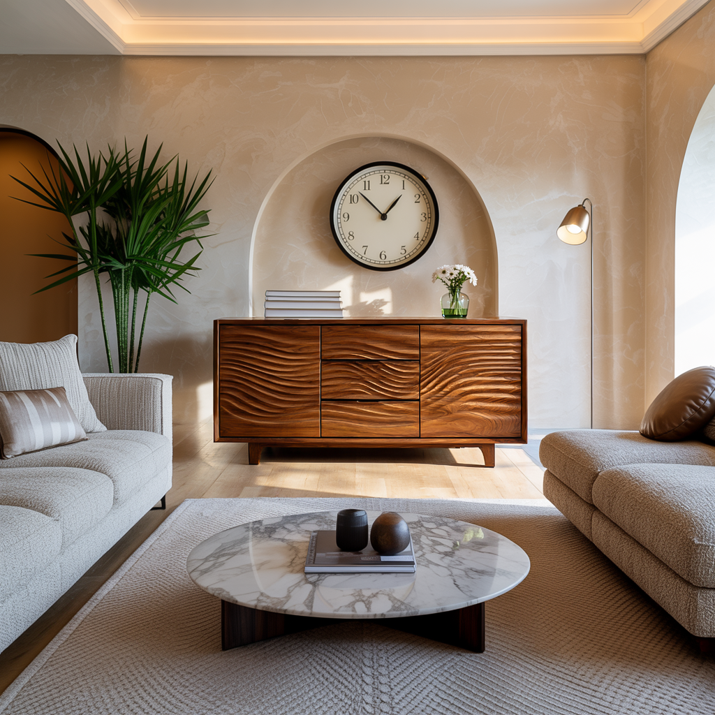 Modern Wood Sideboard With Wave Carving For Minimalist Home RTTHTTSD062