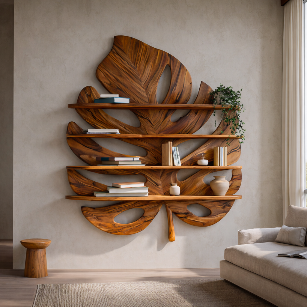 Artistic Wooden Tropical Leaf Wall Mounted Bookshelf For Home Decor RTTHTTBS081