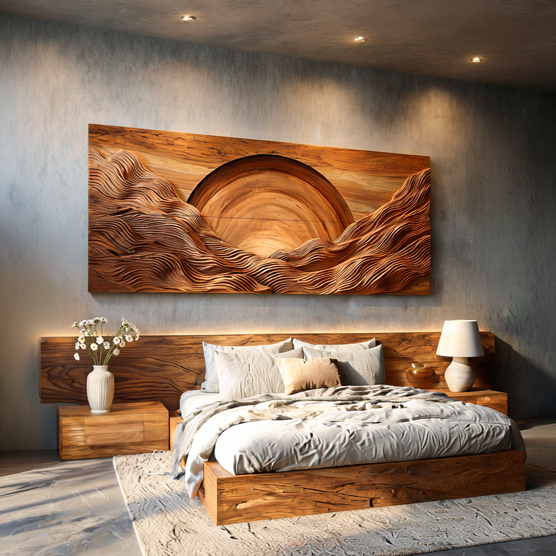 Modern Wood Mountain Sunrise Wall Art For Living Room RTTHTTWA113