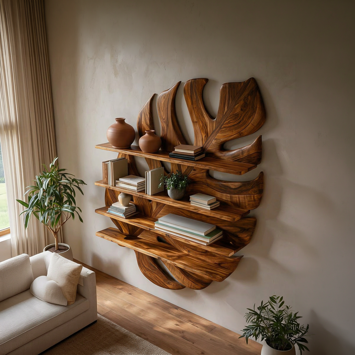 Large Wooden Tropical Leaf Bookshelf For Living Room RTTHTTBS084