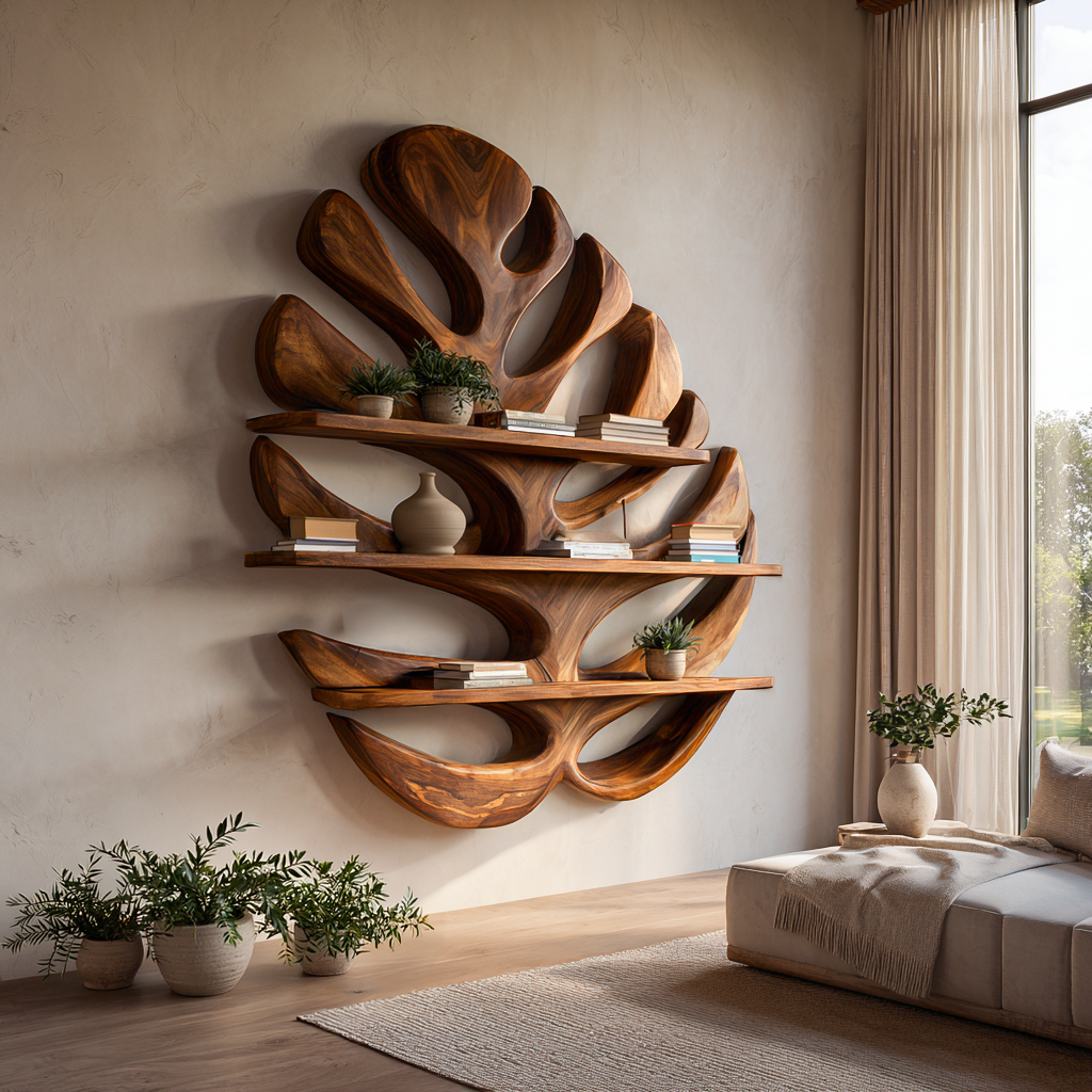 Wood Monstera Leaf Bookshelf for Modern Minimalist Home RTTHTTBS085