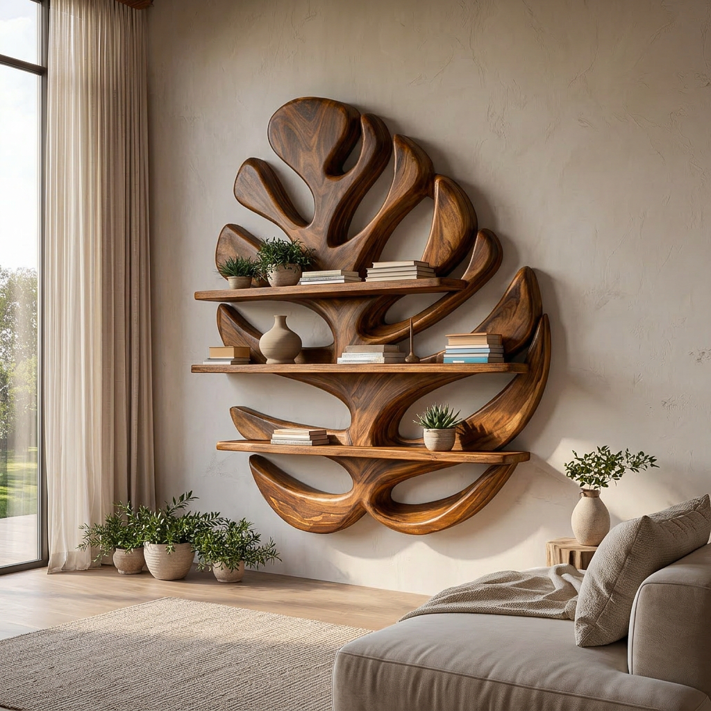 Wood Monstera Leaf Bookshelf for Modern Minimalist Home RTTHTTBS085
