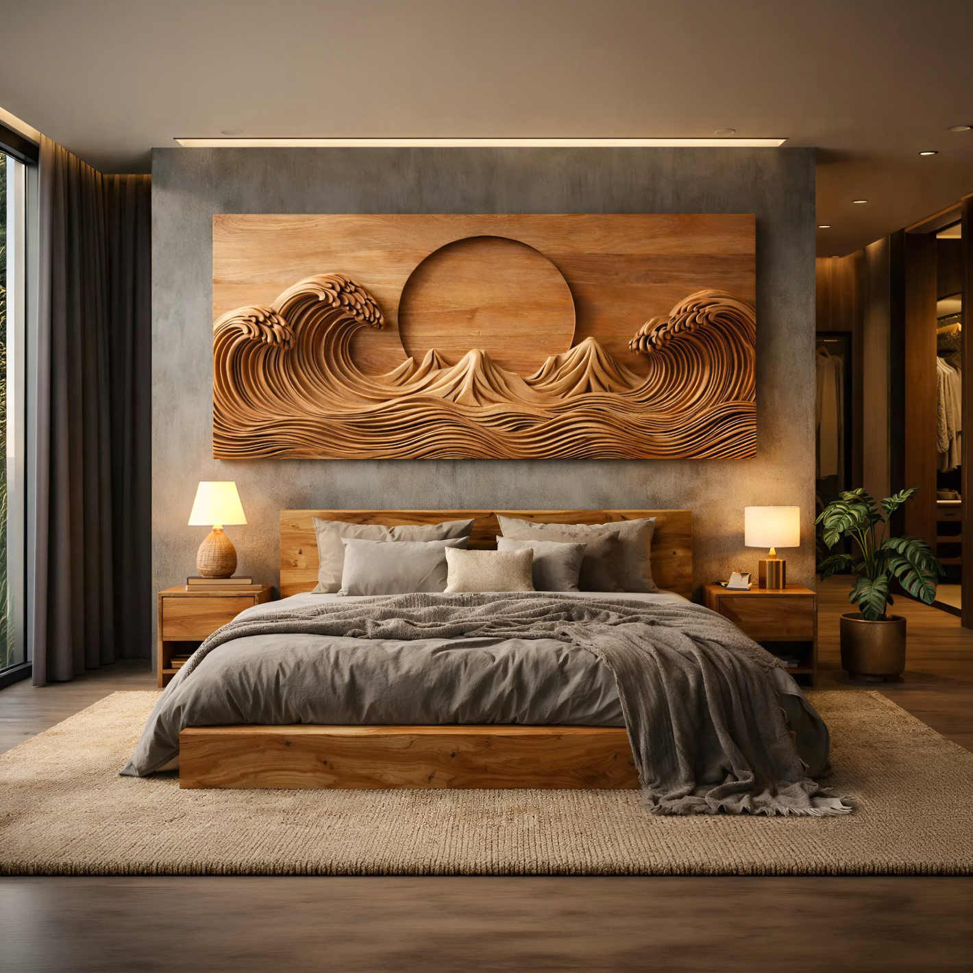 Modern Wooden Ocean Wave Wall Art Hand Carved For Bedroom Decor RTTHTTWA115