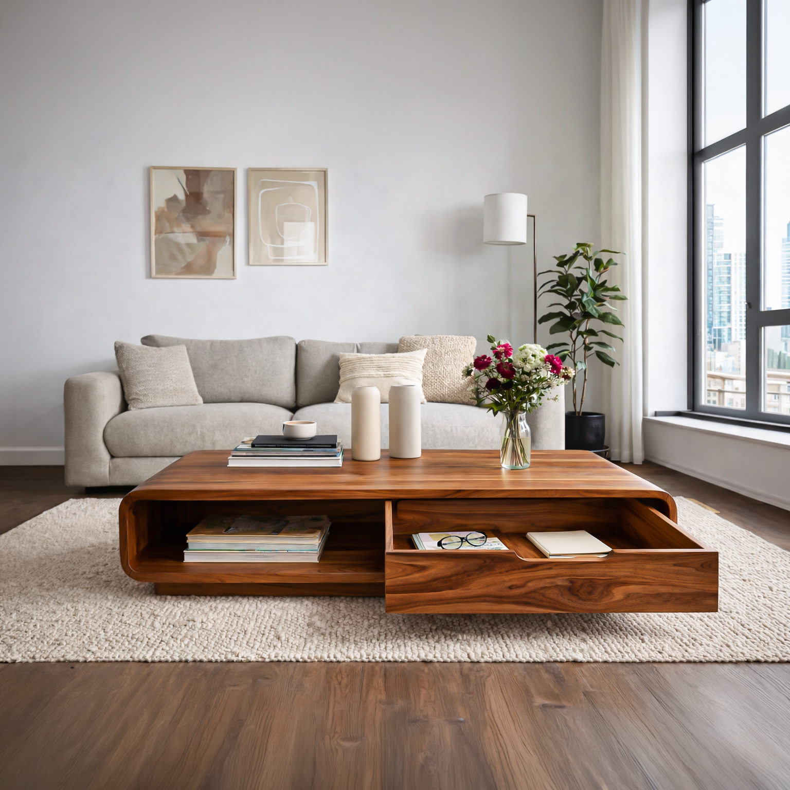 Coffee Table With Drawer Curved Silhouette For Contemporary Interior RTTHTTCF045