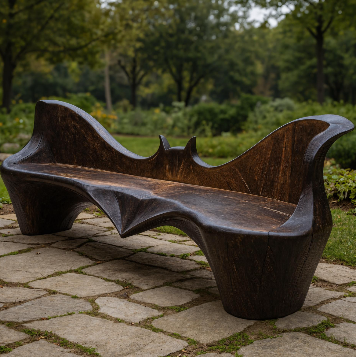 Artistic Sculpted Solid Wood Outdoor Bench With Organic Design For Garden Or Patio SITHHNCHR033
