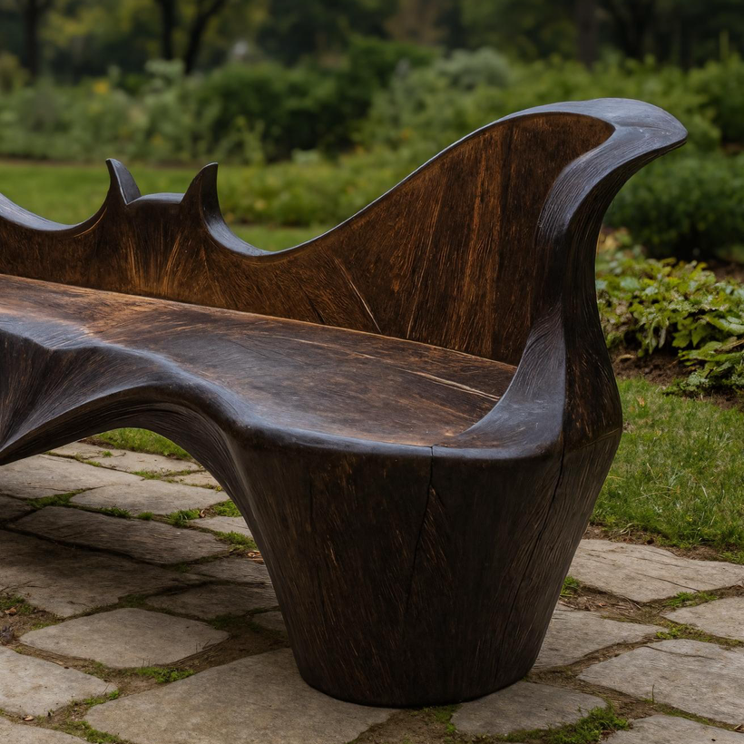 Artistic Sculpted Solid Wood Outdoor Bench With Organic Design For Garden Or Patio SITHHNCHR033