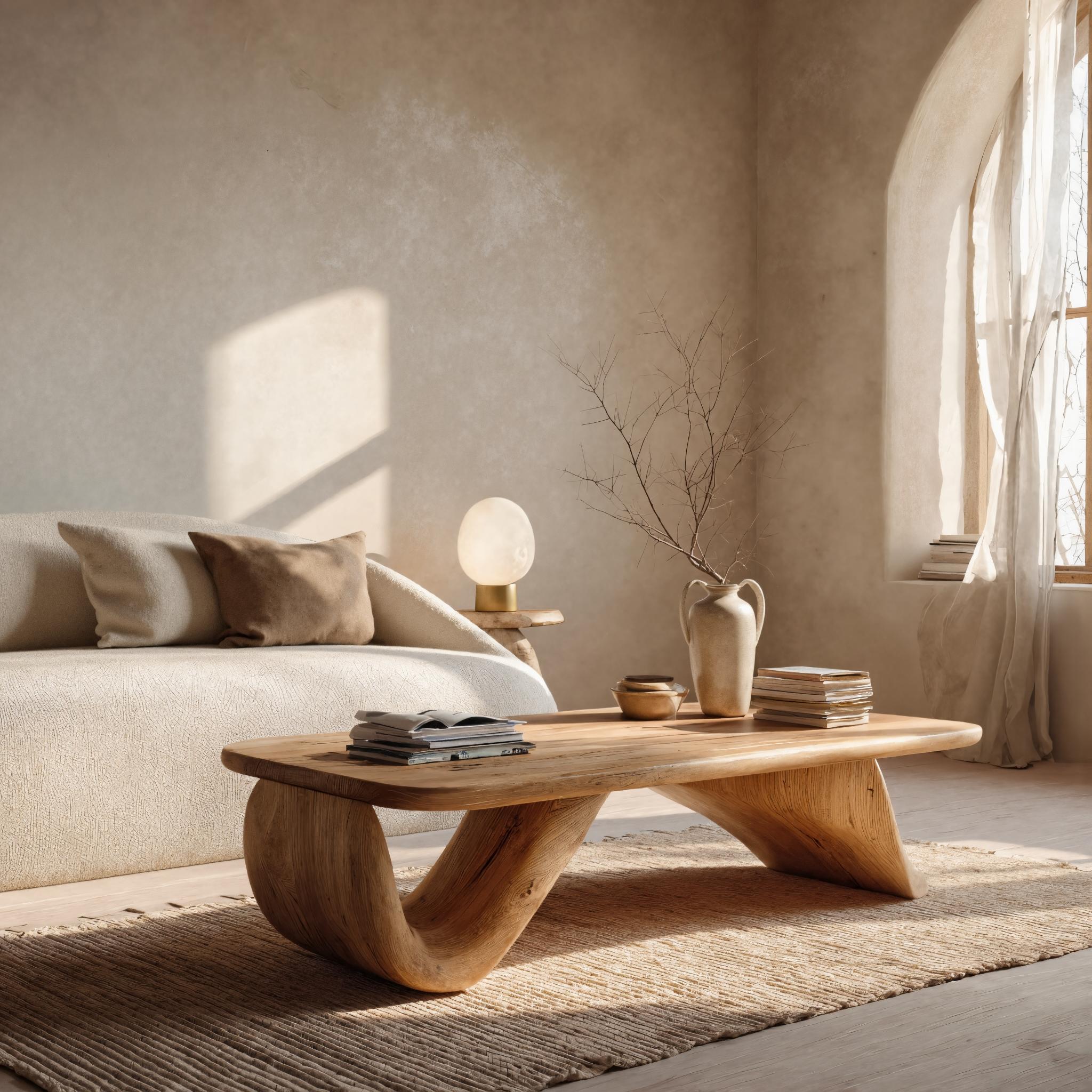 Organic Wood Coffee Table With Sculpted Curved Base For Living RTTHHNCF064