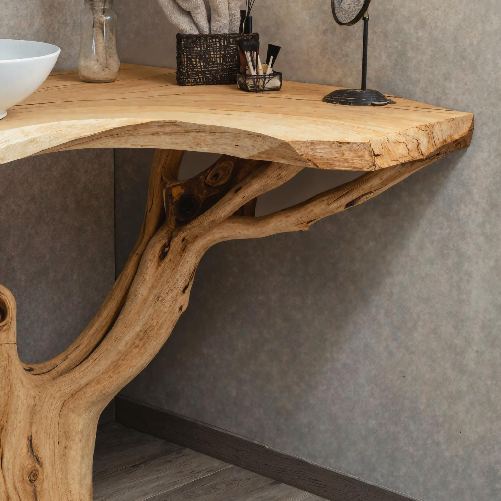 Handcrafted Curved Wooden Corner Bathroom Vanity With Vintage Touch SILDTBRV176
