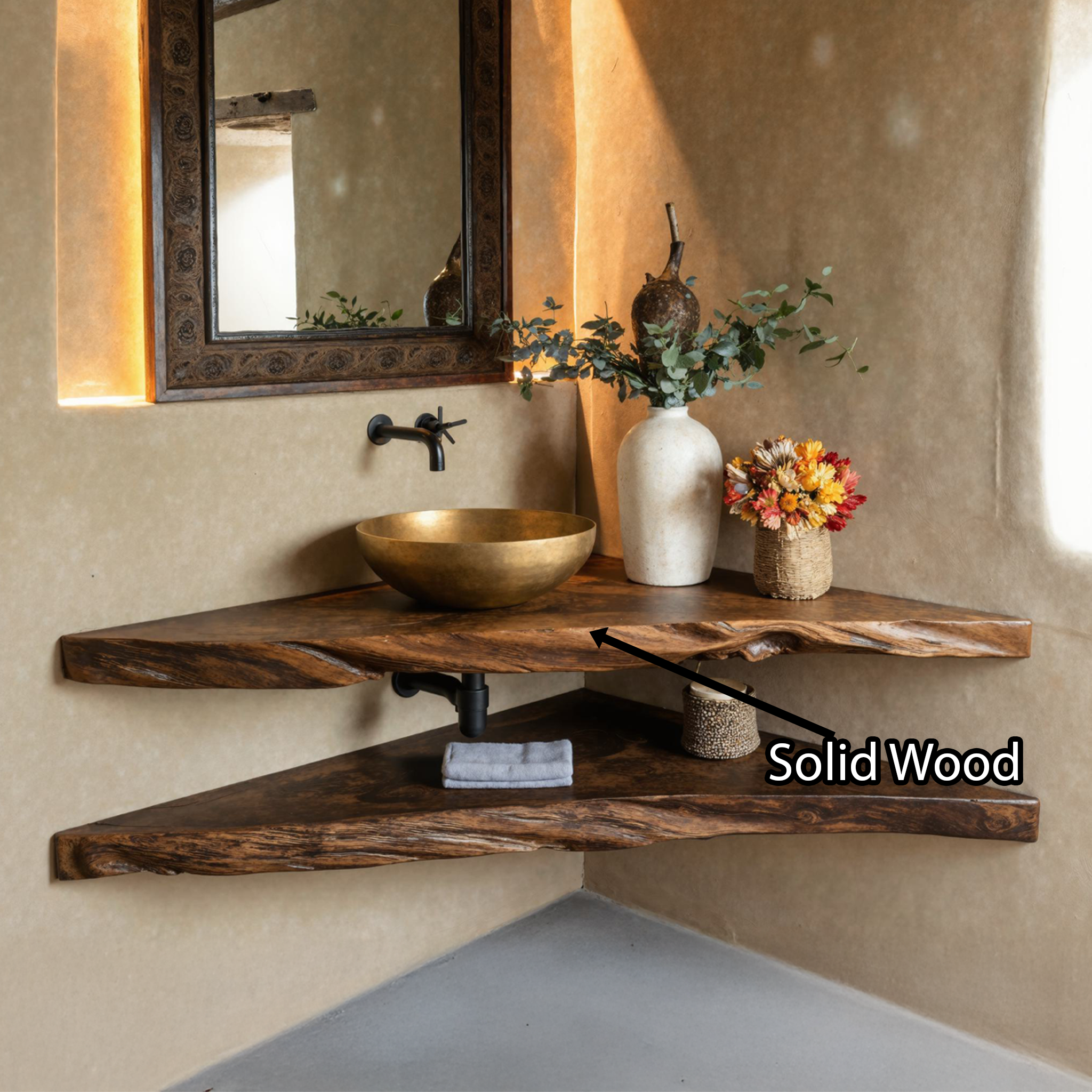 Rustic Wood Corner Bathroom Vanity Shelf SILDTBRV069