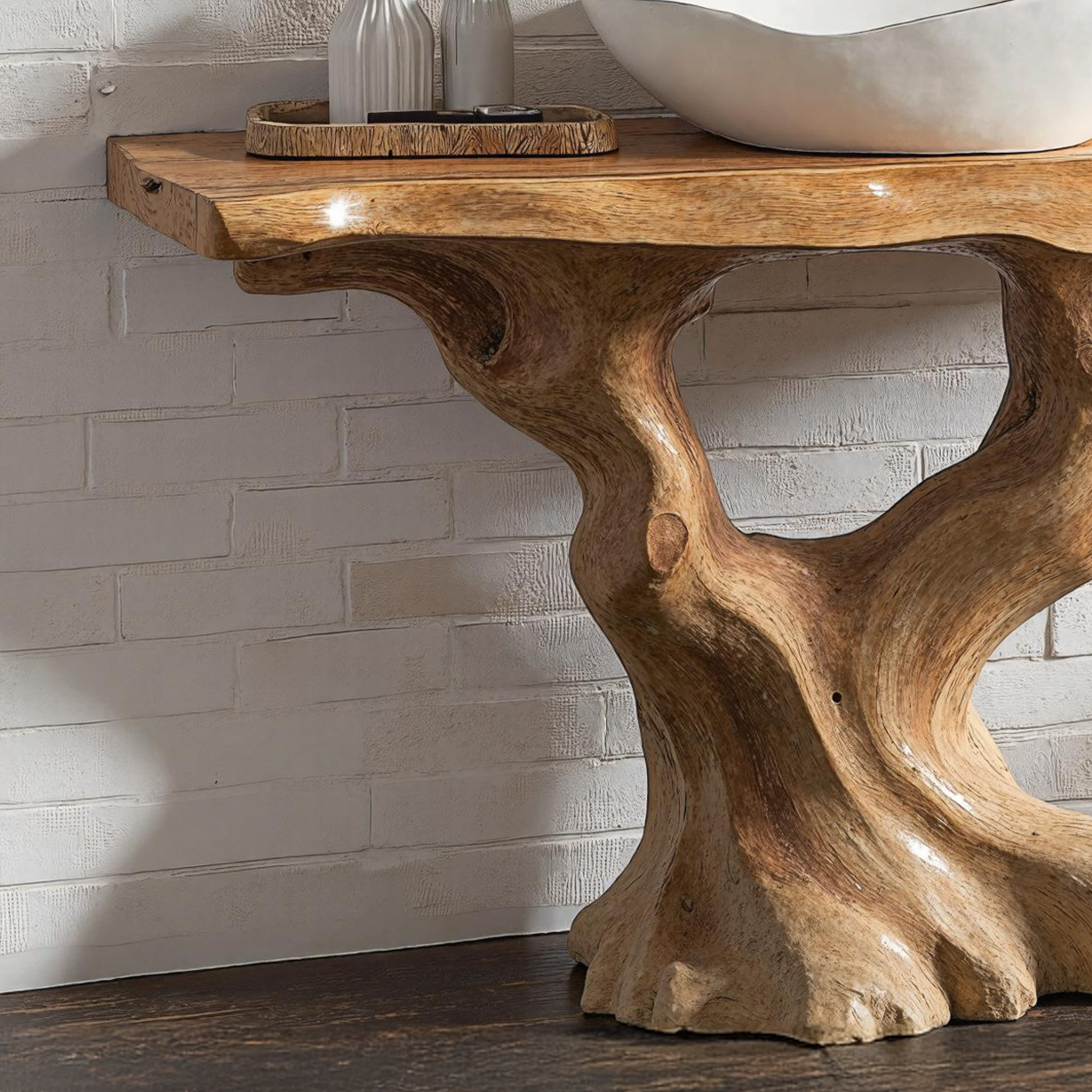 Handcrafted Wood Bathroom Vanity With Tree Trunk Base For Rustic Charm SILDTBRV137