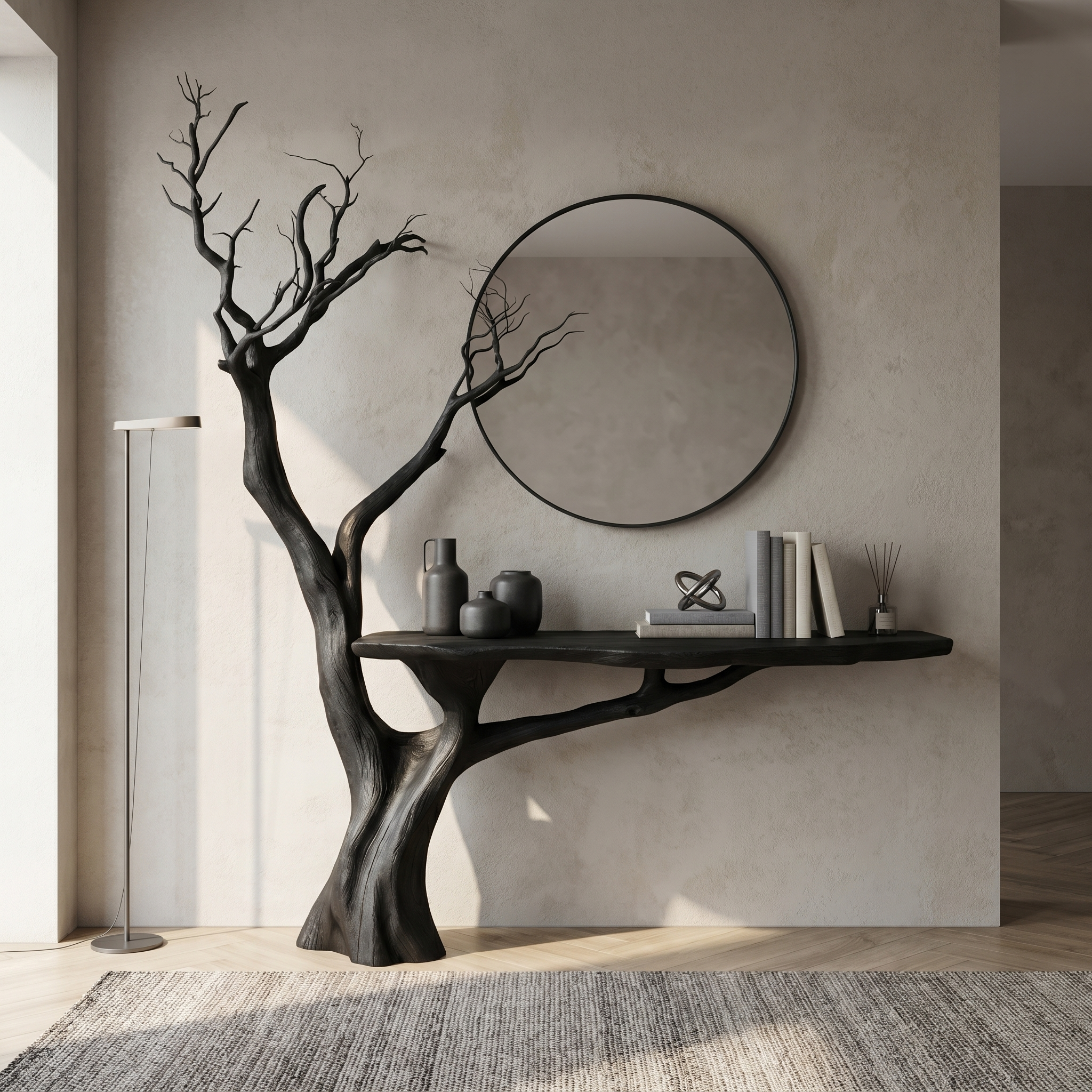 Rustic Console Table Sculpted Wood Tree Hallway Entrance SINLSACS392