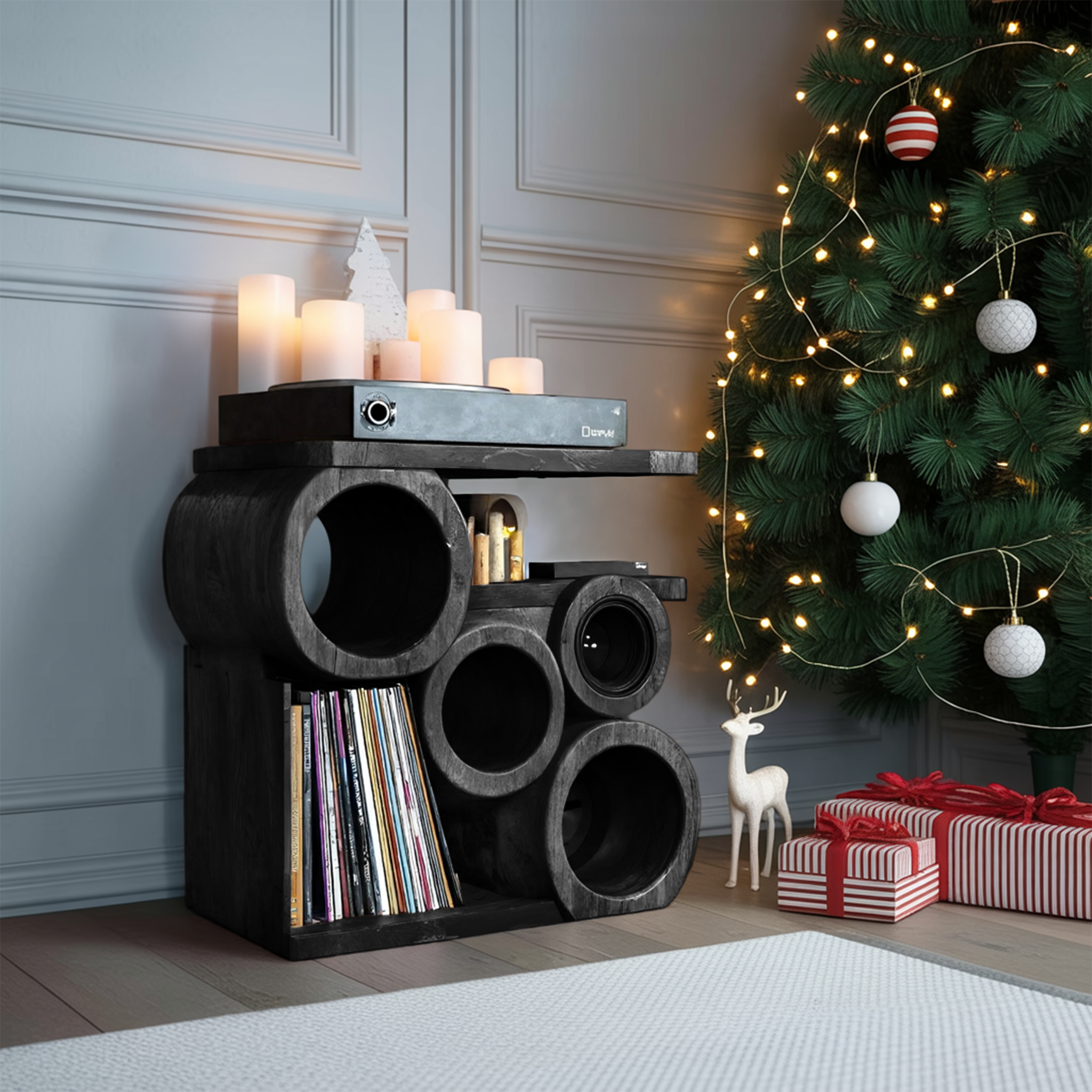 Farmhouse Solid Wood Record Stand For Rustic Christmas Home SILDTTNCRS010