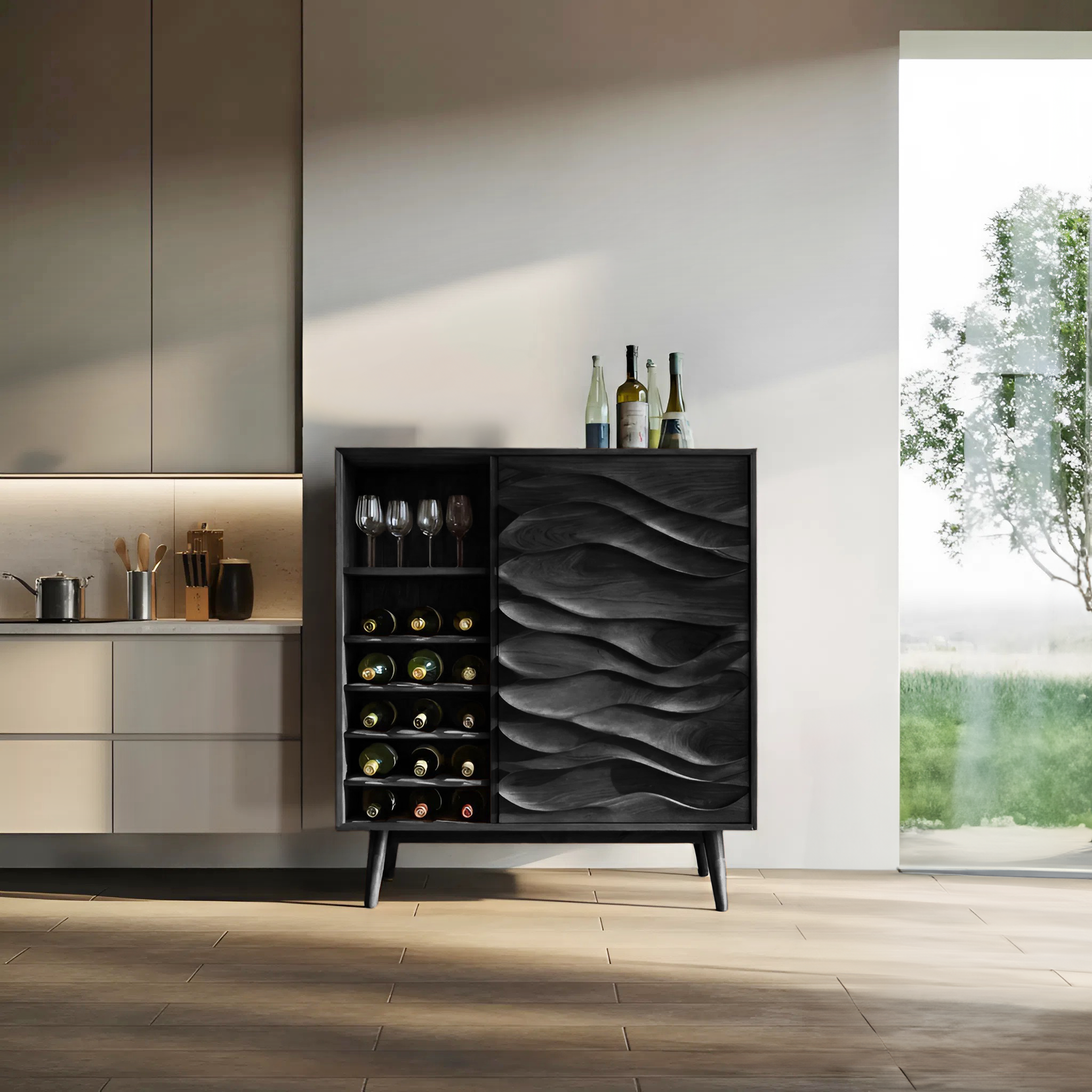 Sculptural Wine Cabinet With Wave Carved Doors For Kitchen SITHTTBCA013