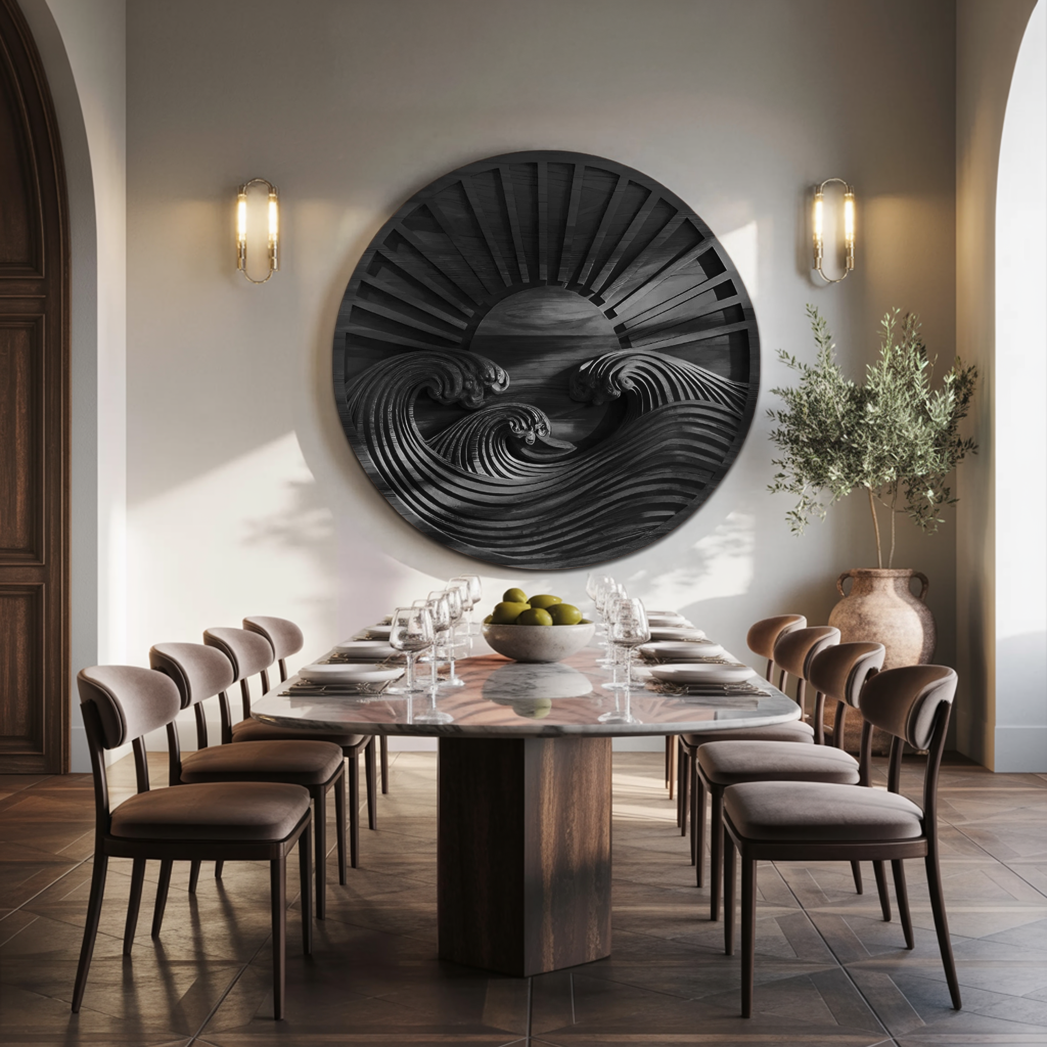 Round Wall Art With Carved Sun And Waves For Bedroom SITHTTWA011