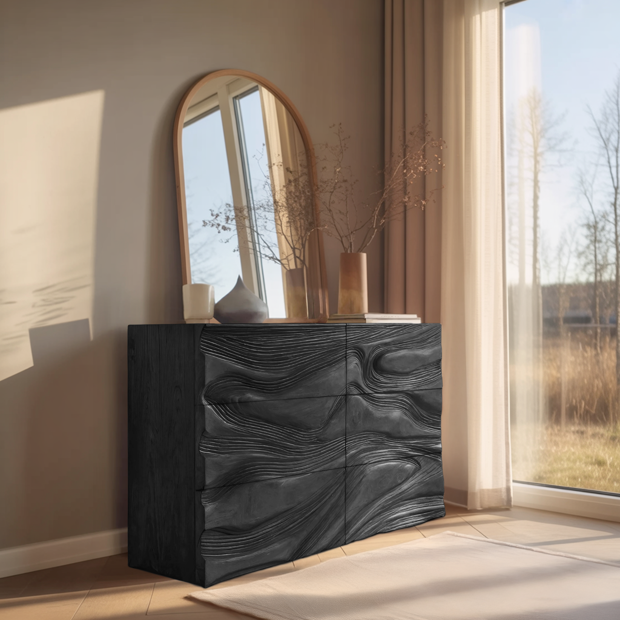 Minimalist Wooden Sideboard With Sculpted Wave Front For Living Decor RTTHHNSD010