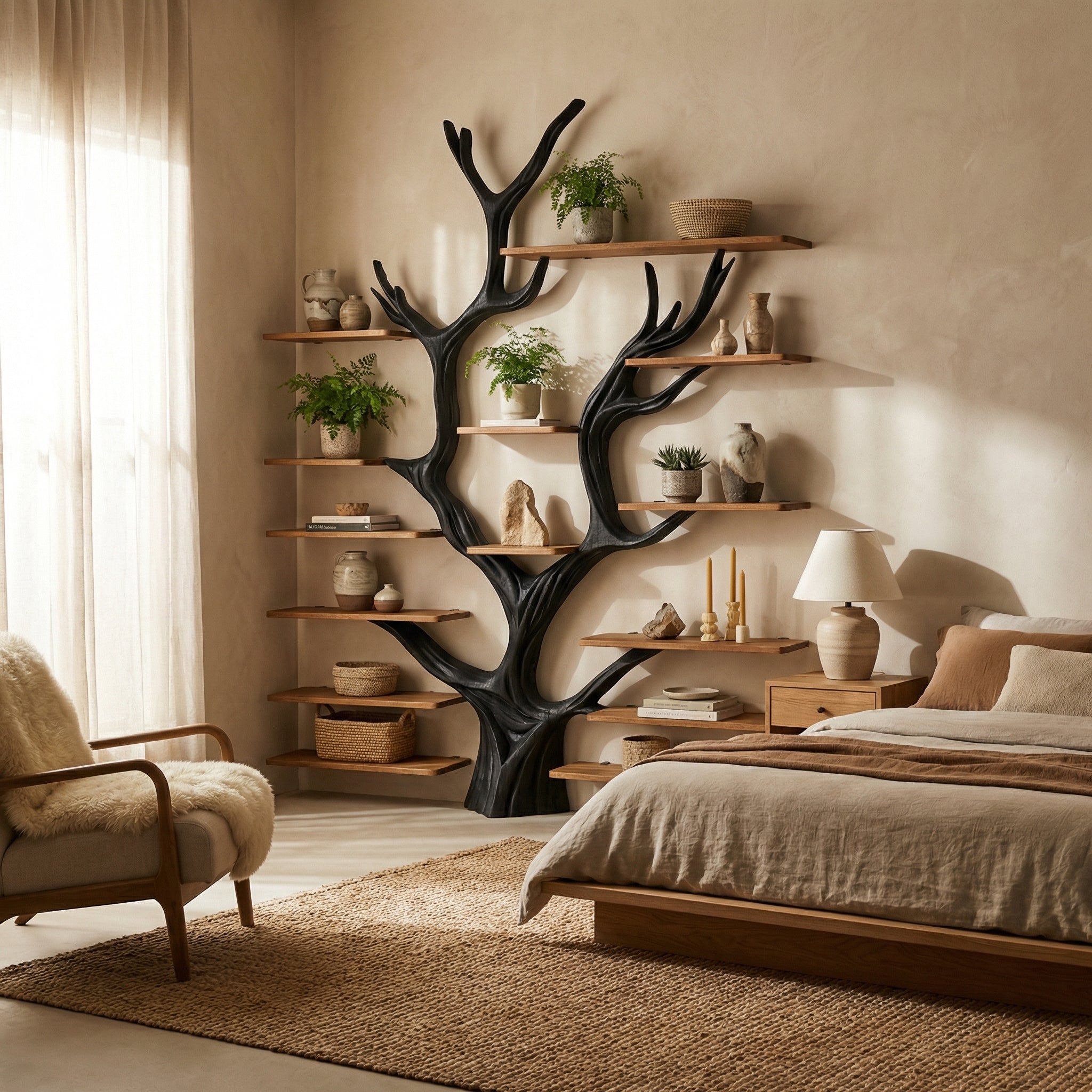 Sculptural Tree Bookcase - Artisan Tree-Inspired Wall Unit SINLSATB179