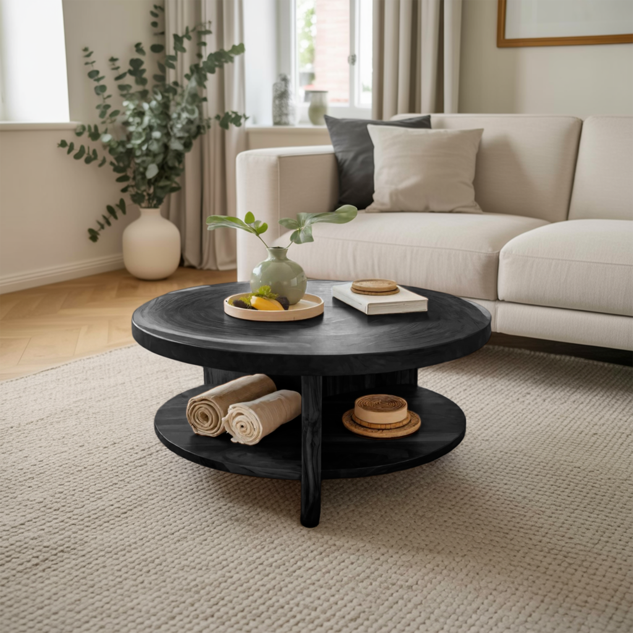 Tropical Round Coffee Table With Shelf For Coastal Living Room And Lounge SITHTTCF003