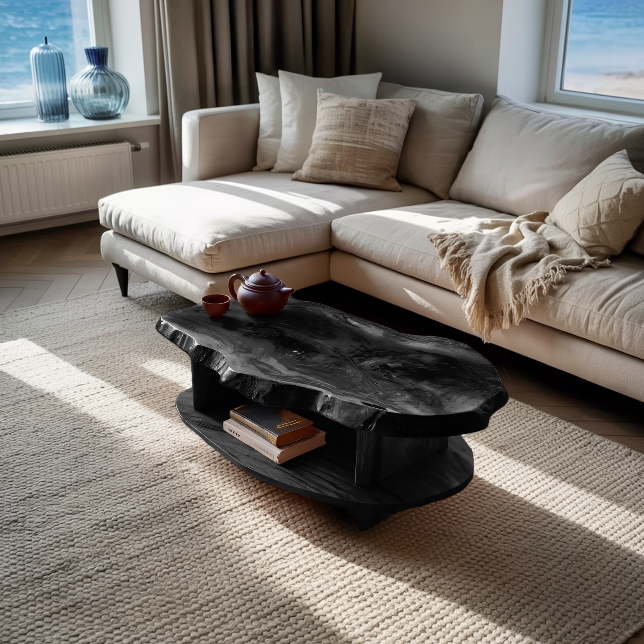 Rustic Coffee Table Live Edge And Shelf For Living RTTHTTCF032