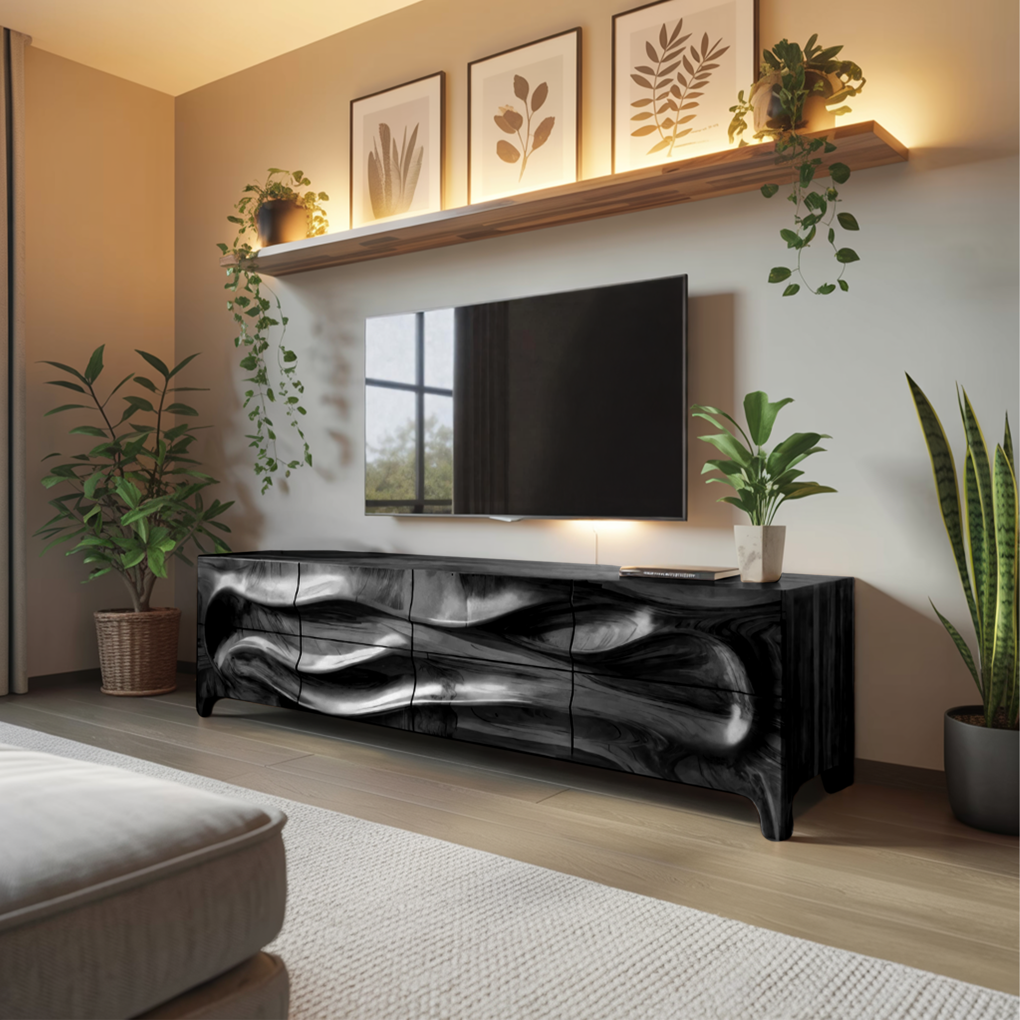 Modern Wood TV Cabinet With Carved Front For Living Interior SITHTTTVC005