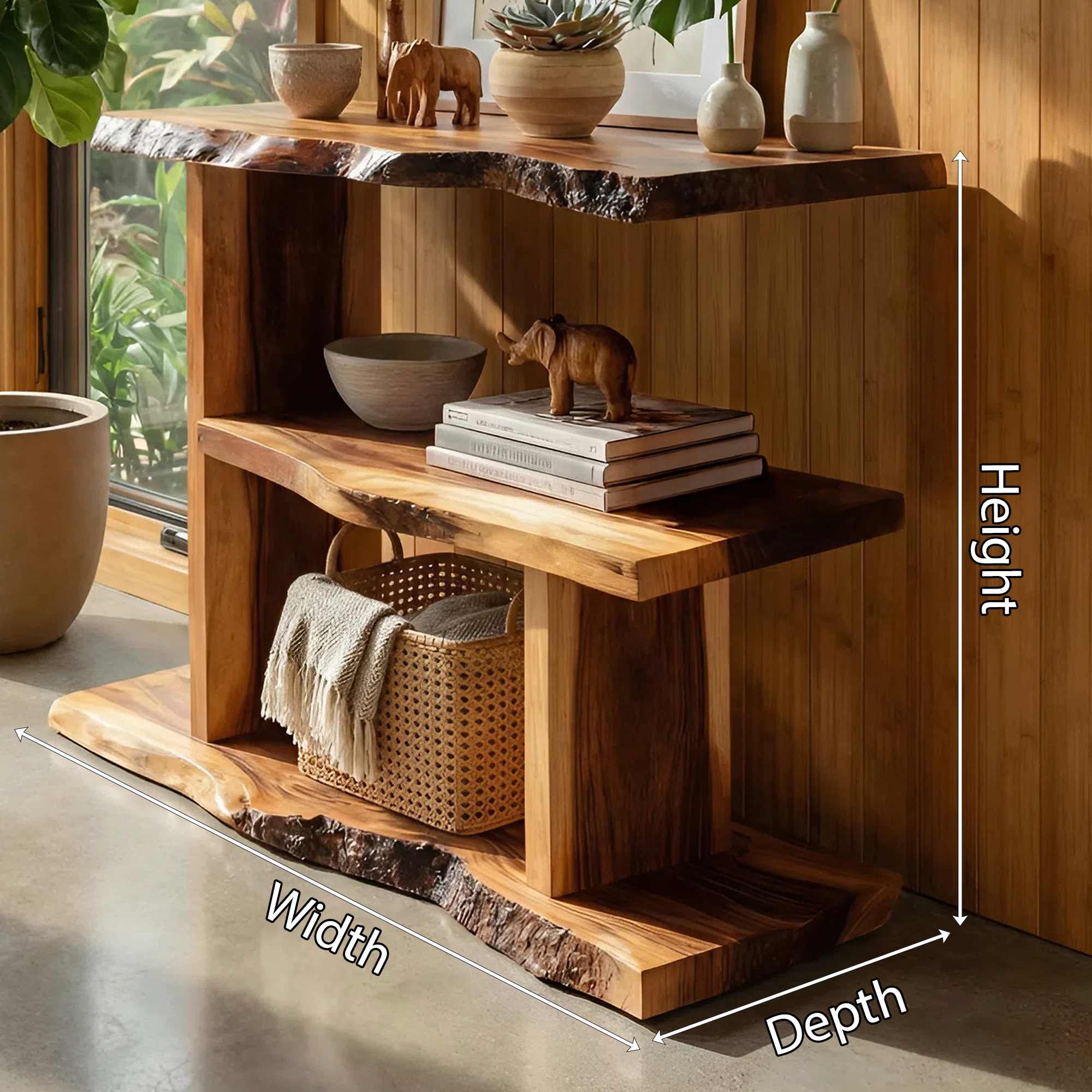 Artistic Wooden Live Edge Standing Shelf For Entryway Storage Design SILDTTNFGS008