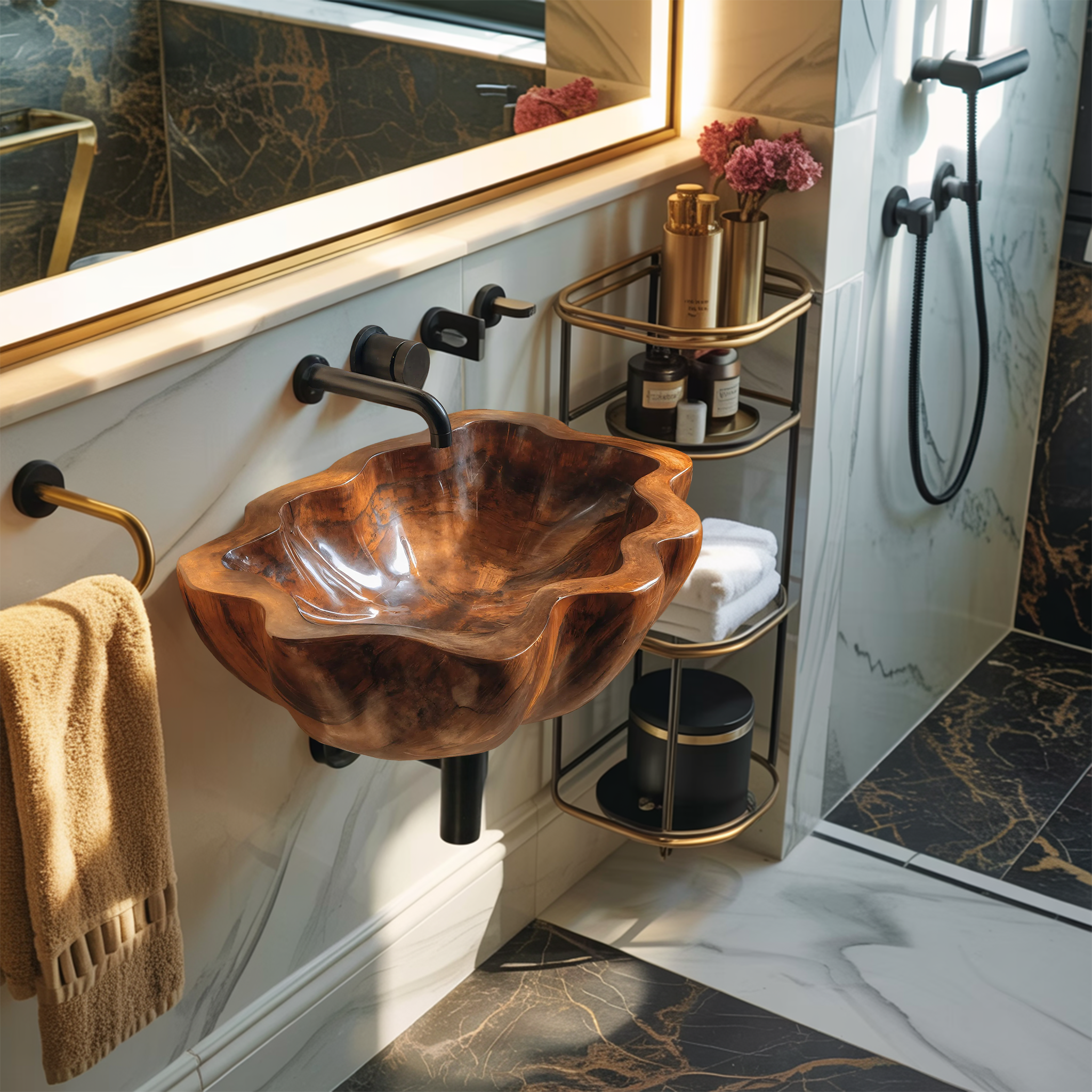 Handcrafted Solid Wood Wash Basin For Artistic Bathroom Interior Decor SILDTTRVS031