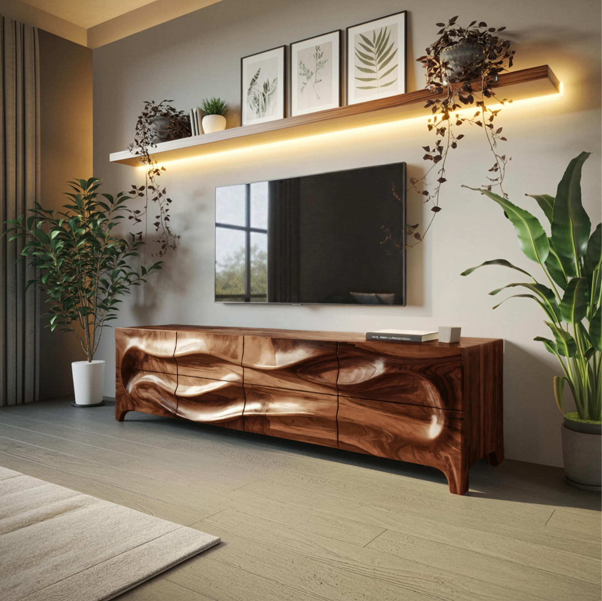 Modern Wood TV Cabinet With Carved Front For Living Interior SITHTTTVC005