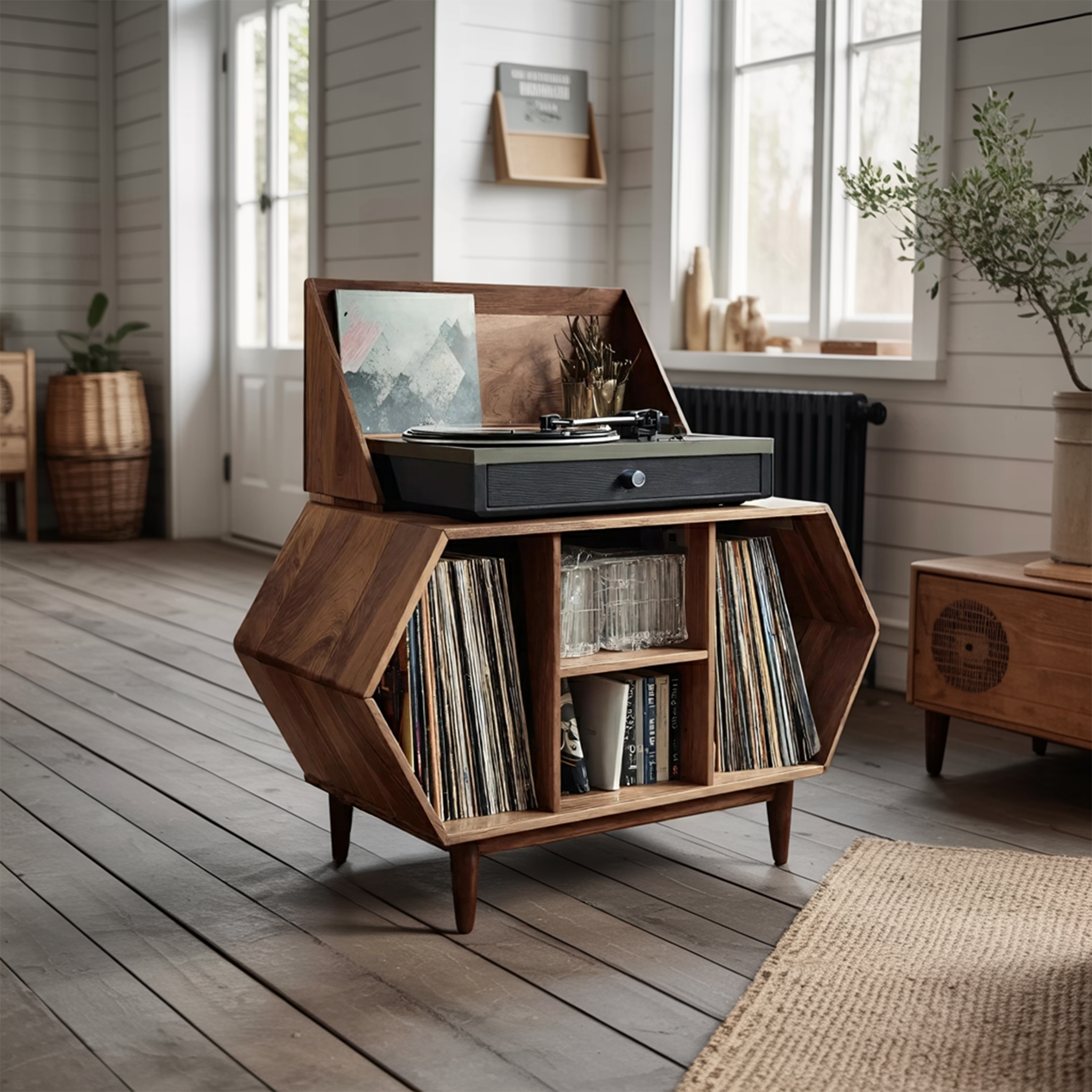 Farmhouse Solid Wood Record Stand For Entryway Furniture Decor SILDTTNRPT017