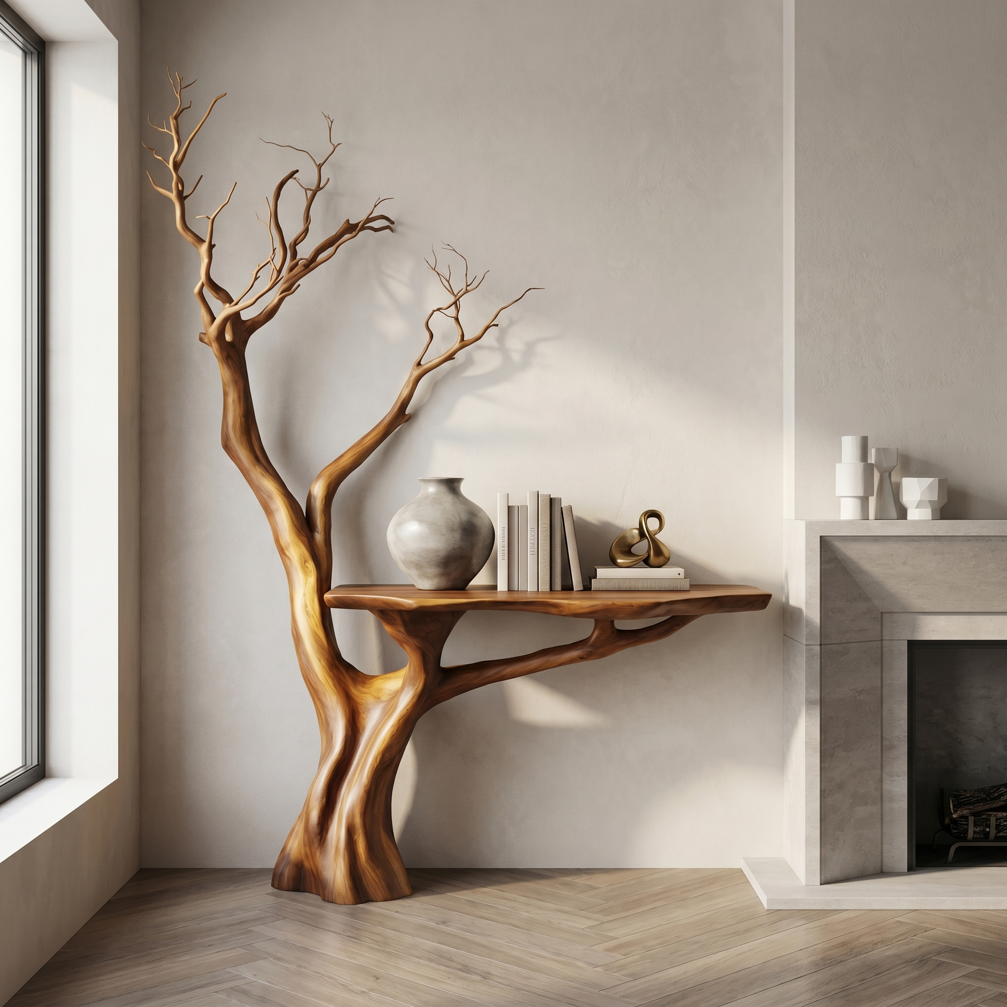 Rustic Console Table Sculpted Wood Tree Hallway Entrance SINLSACS392