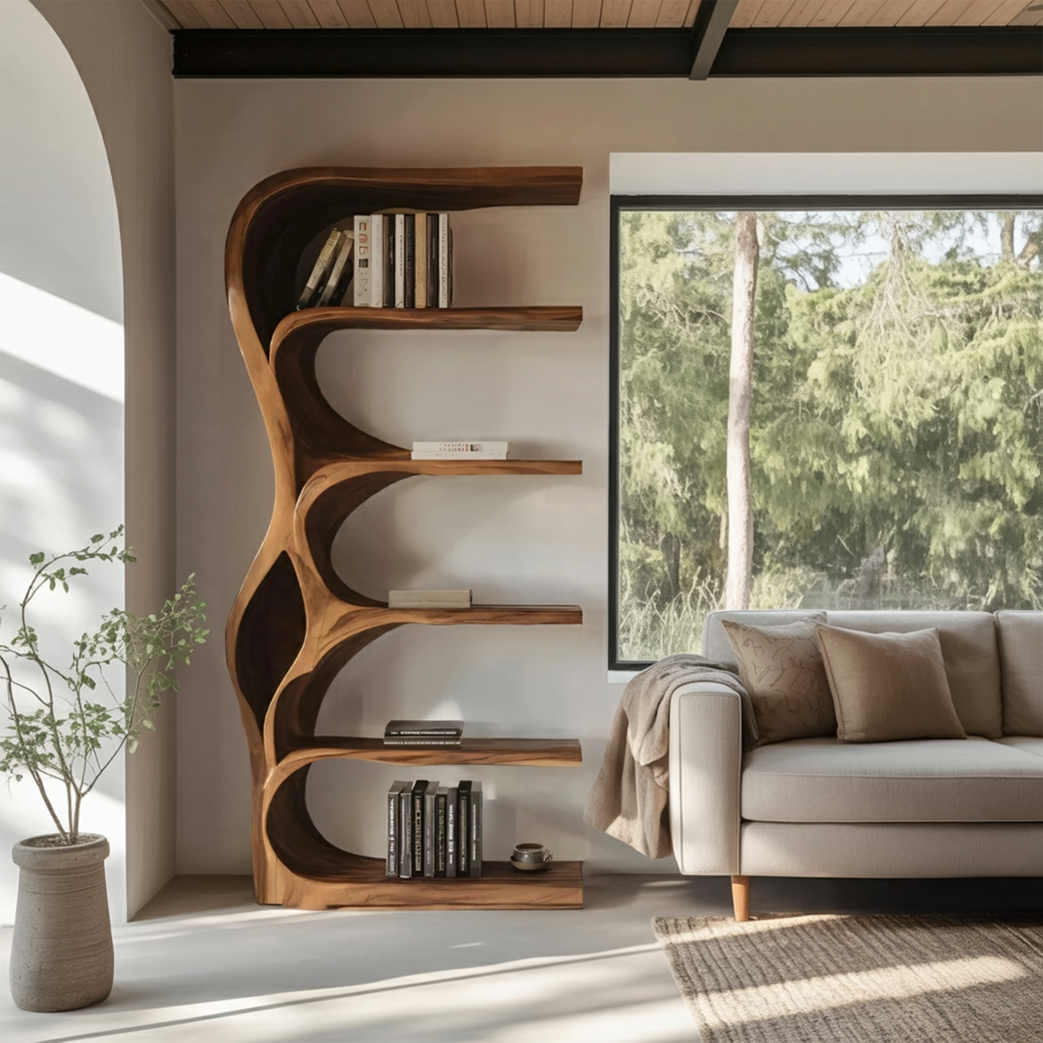Organic Bookshelf With Curved Open Shelving For Bedroom Decor SITHHNBS067