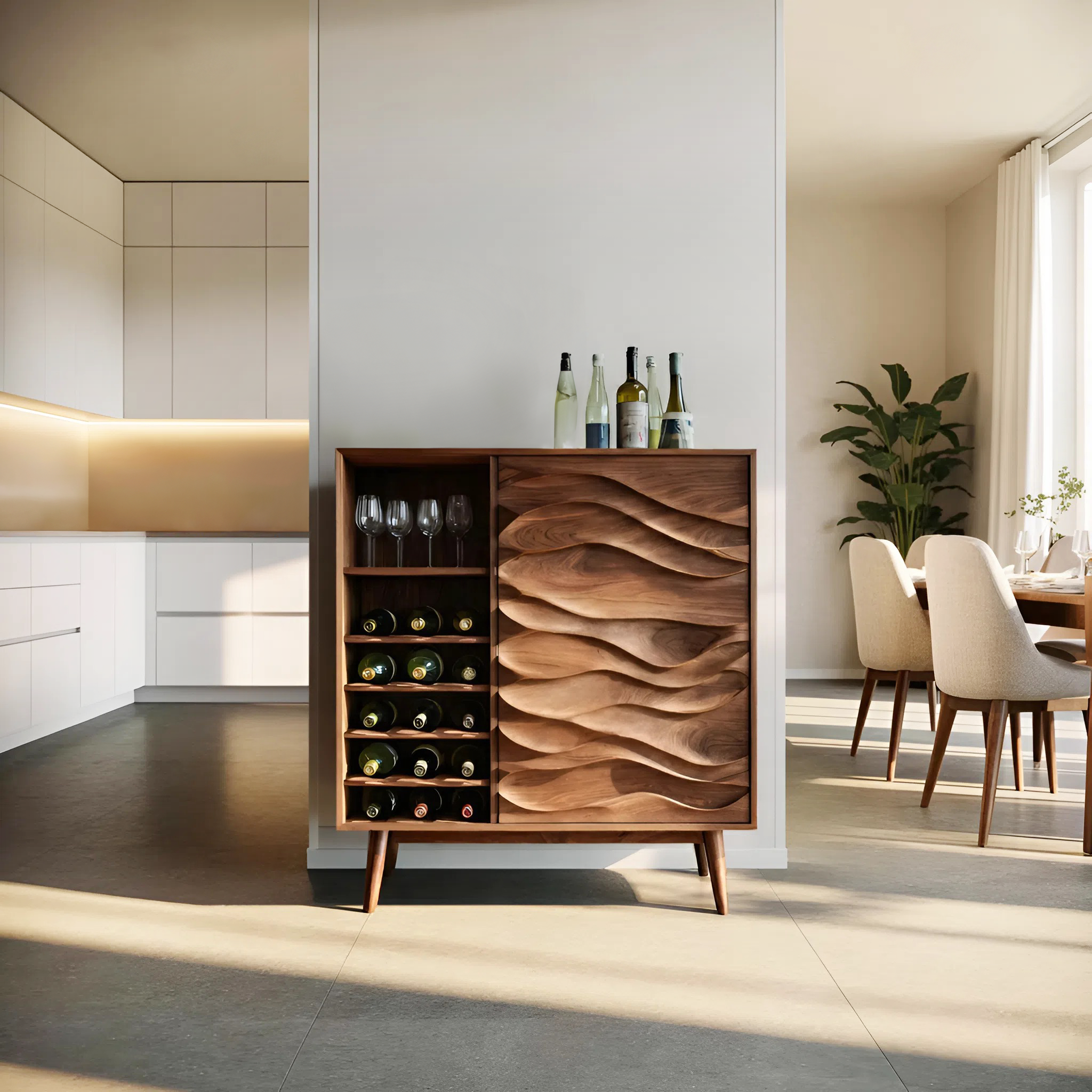 Sculptural Wine Cabinet With Wave Carved Doors For Kitchen SITHTTBCA013