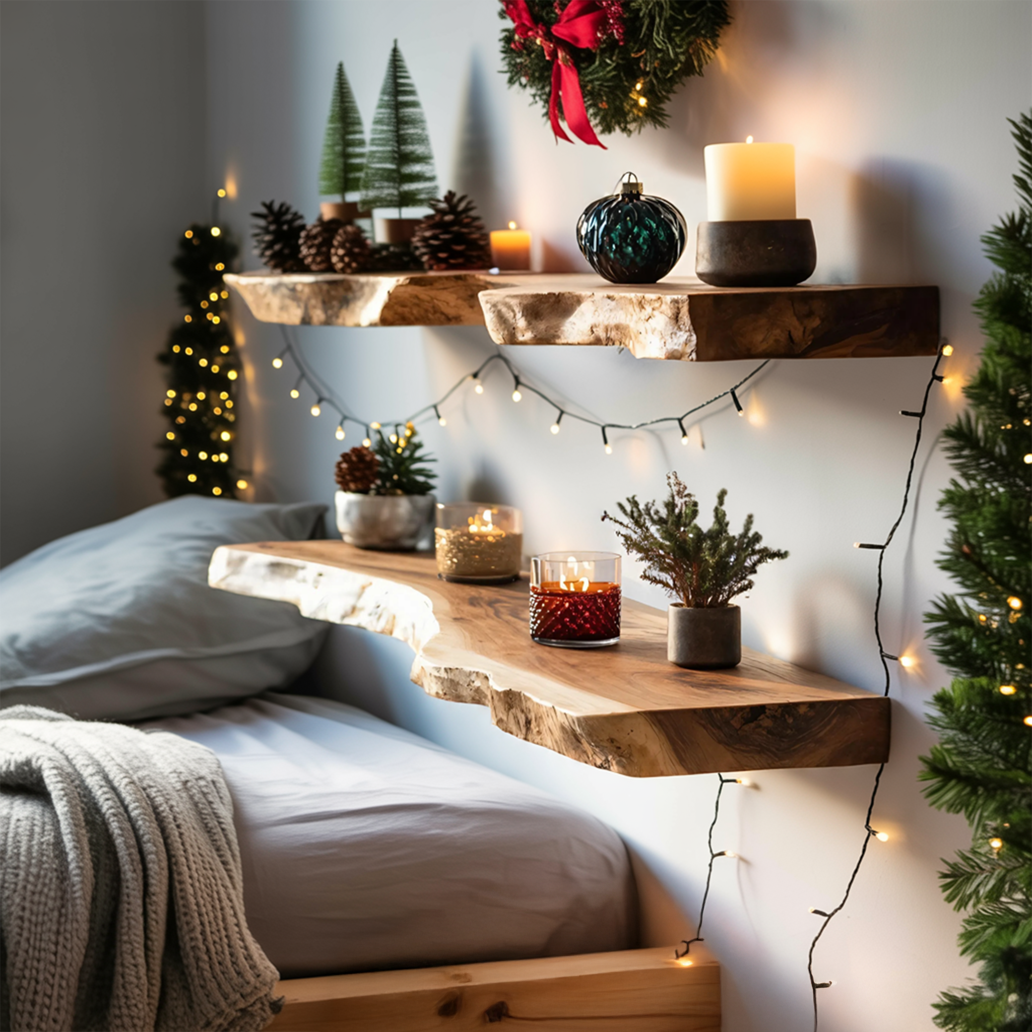 Mid Century Wooden Floating Shelf For Cozy Christmas Bedroom Setup SILDTTNCFL029