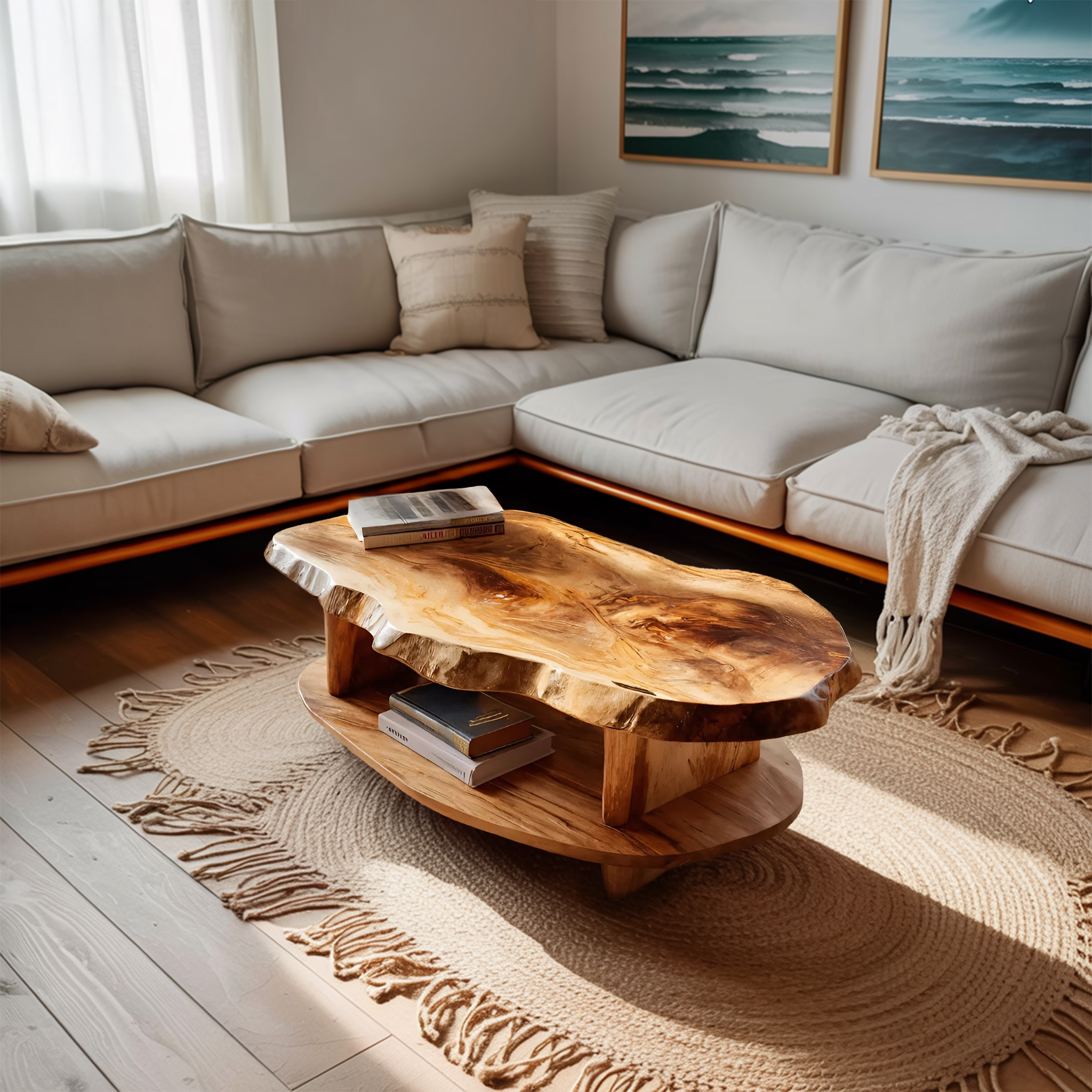 Rustic Coffee Table Live Edge And Shelf For Living RTTHTTCF032