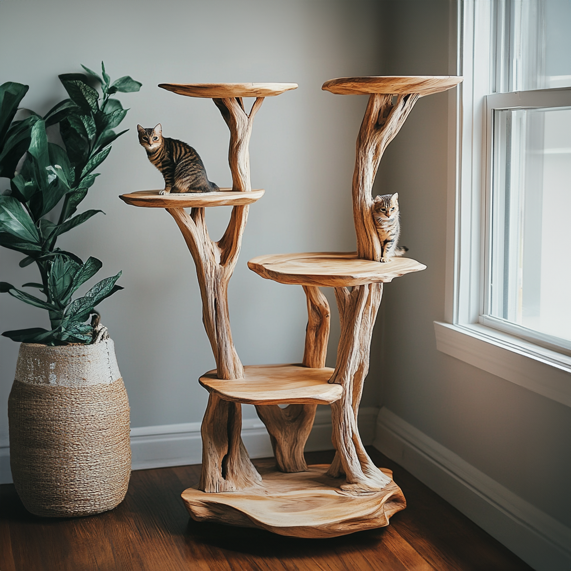 Wooden Cat Tree Tower Modern Cat Tree Free Standing Natural Solid Wood SINLTT005