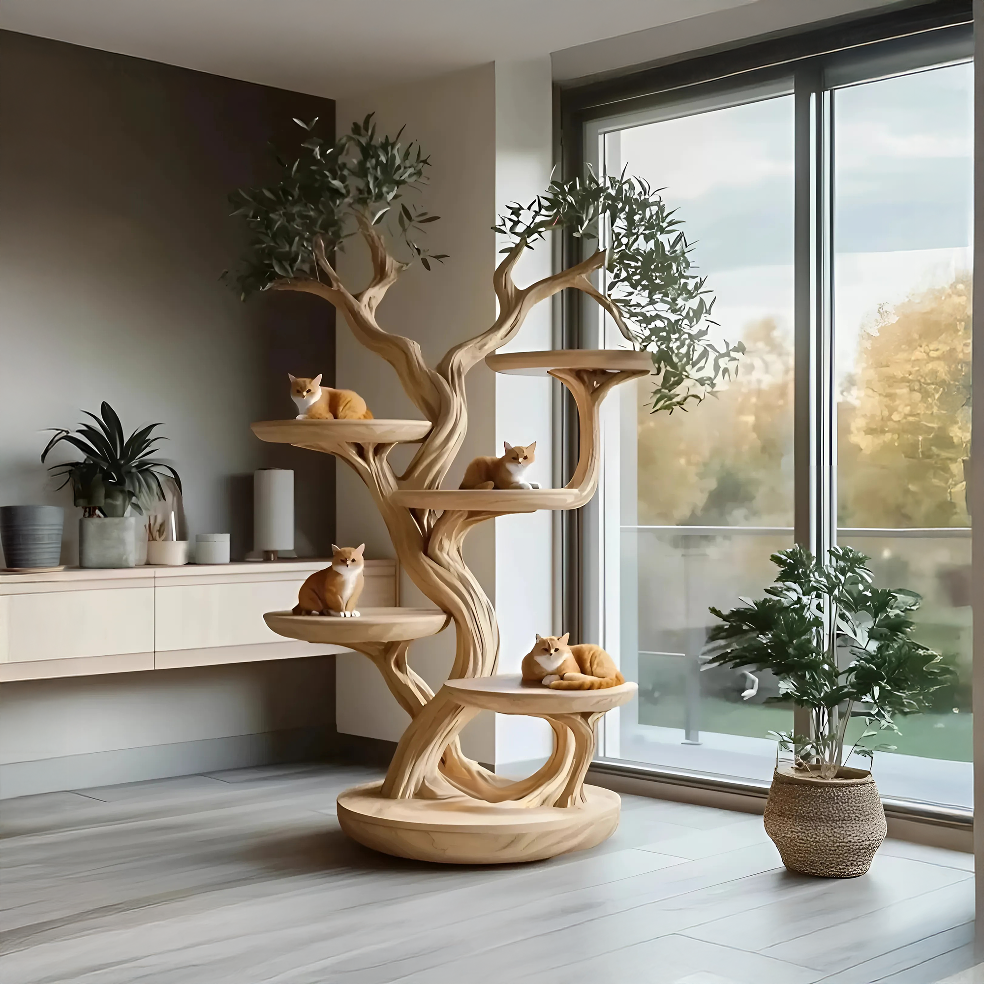 Rustic Solid Wood Cat Tree Handmade Stand Naturally Gift Cat SINLTT015