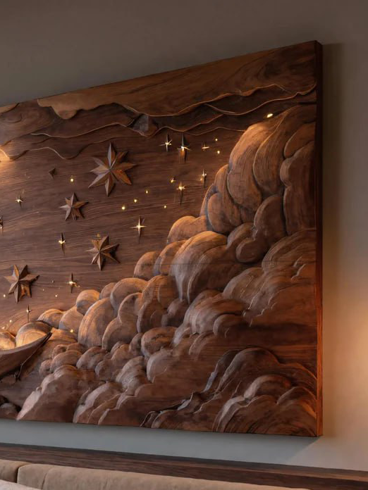 Hand Carved Wall Art Moon And Stars Panel With LED For Bedroom SITHHNWA017