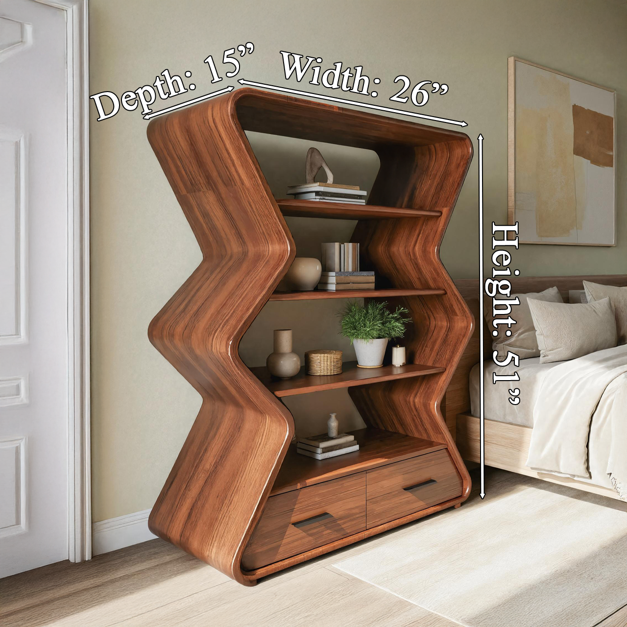 Modern Zigzag Wooden Bookshelf With Cabinet For Living Room Or Bedroom SITHTTBS015