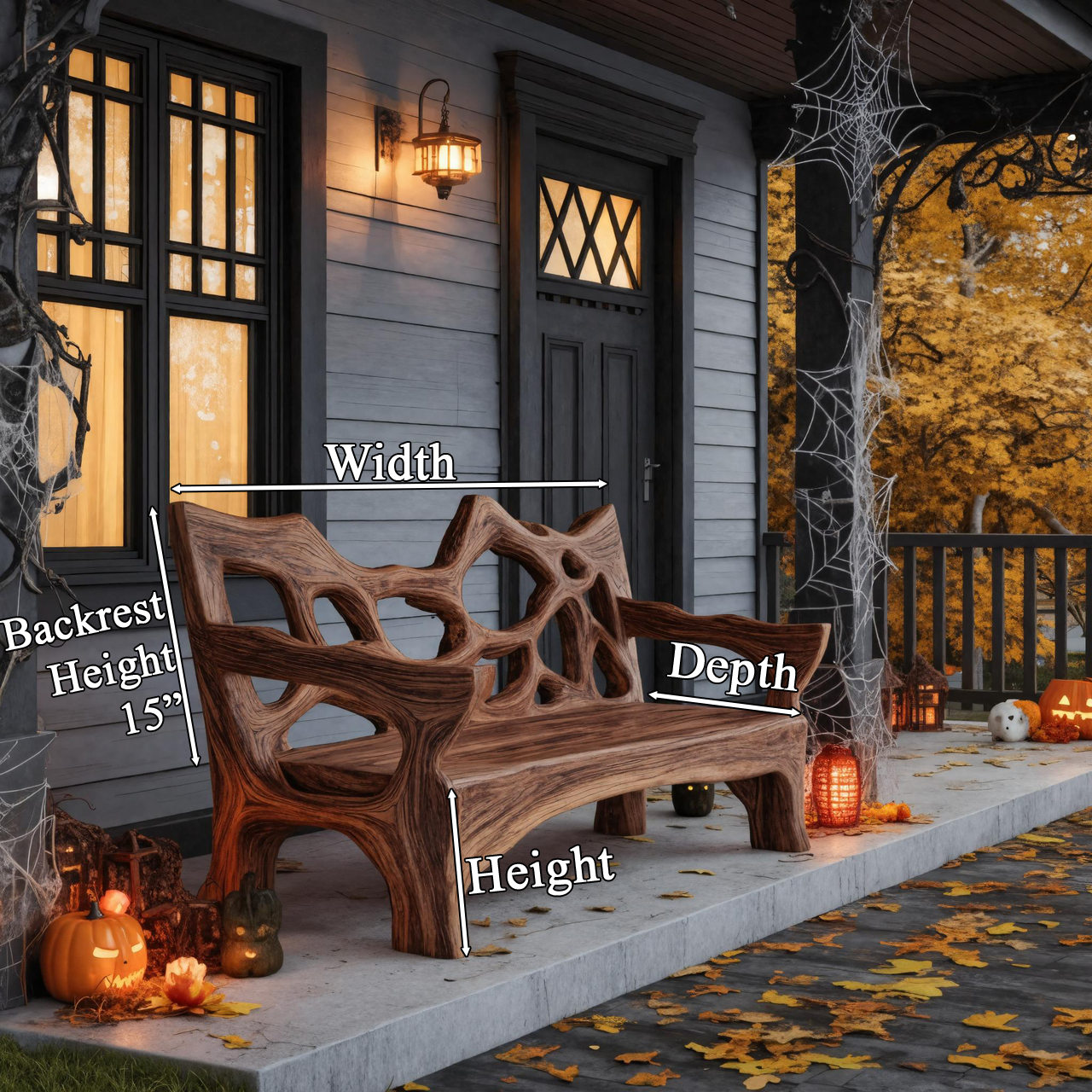Rustic Halloween Wooden Bench Sculptural Design For Outdoor Or Entryway SITHTTHW004