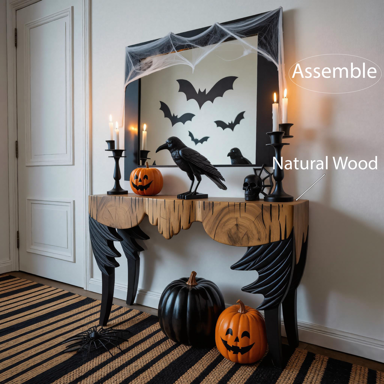 Gothic Wooden Halloween Console Table With Bat Wing Legs And Dripping Edge For Entryway SITHHNHW001