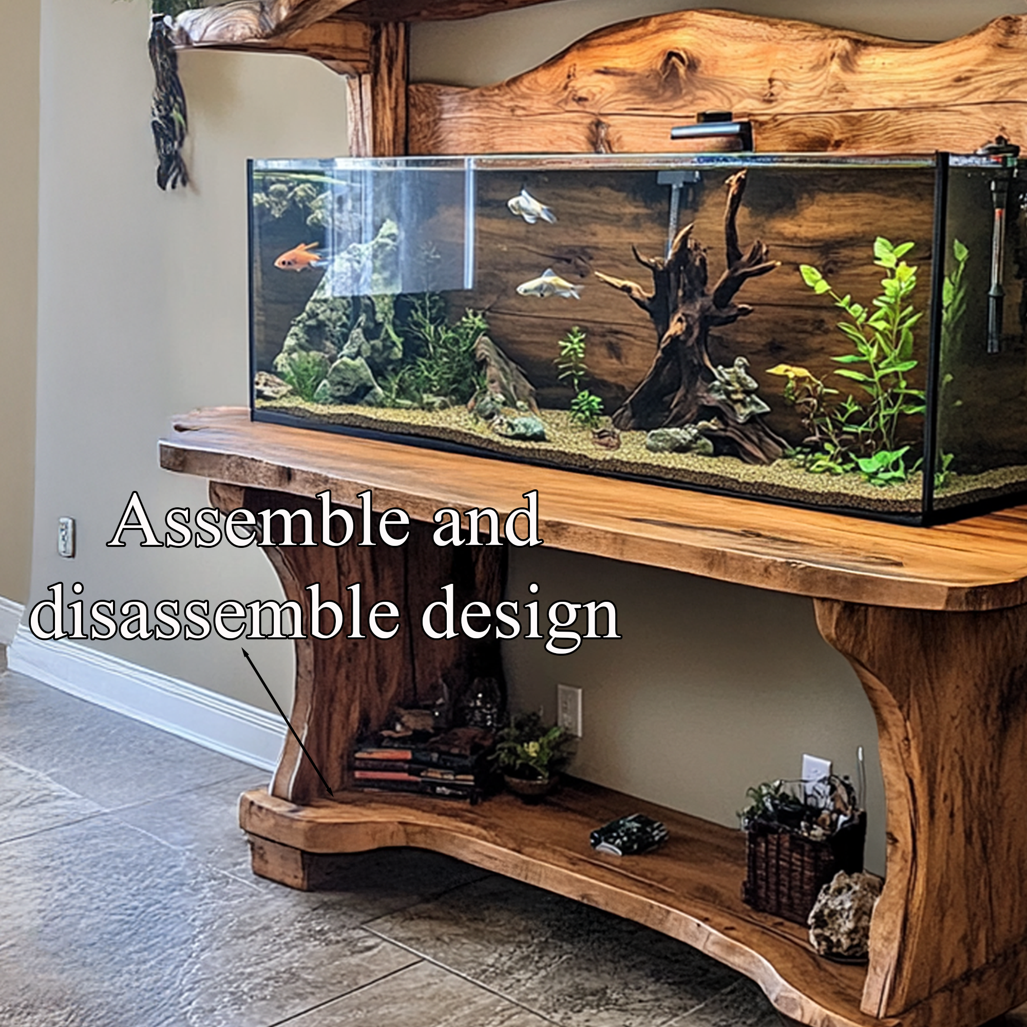 Wood tank fish wooden aquarium shelf Decor Living Room Gift SINLWT004