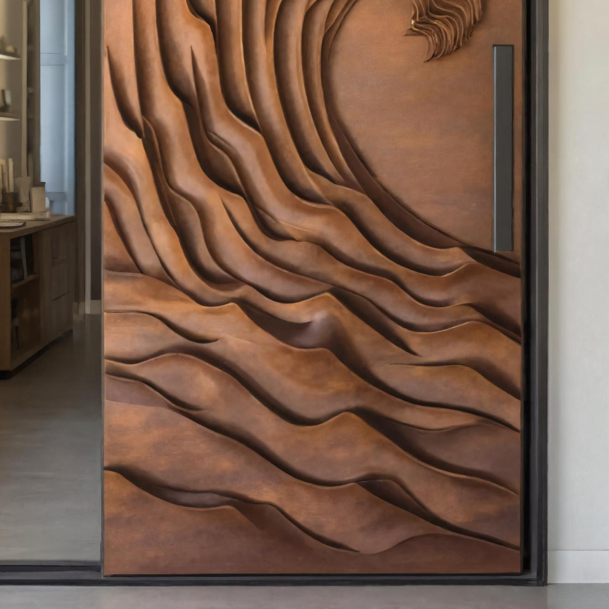 Artistic Wave Pattern Sliding Wood Door For Modern Interior Living Room Or Studio Entrance Decor SITHHNDOR009