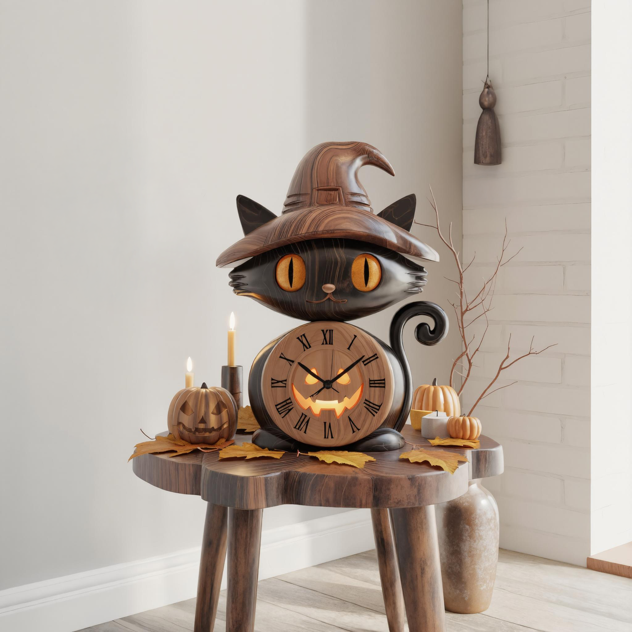 Wooden Black Cat Clock With Witch Hat For Halloween Mantel Decor SITHTTHW001