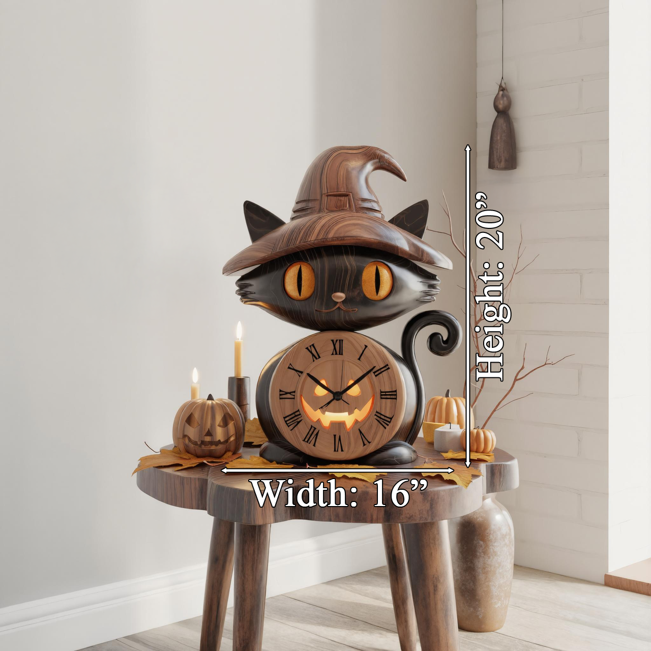 Wooden Black Cat Clock With Witch Hat For Halloween Mantel Decor SITHTTHW001
