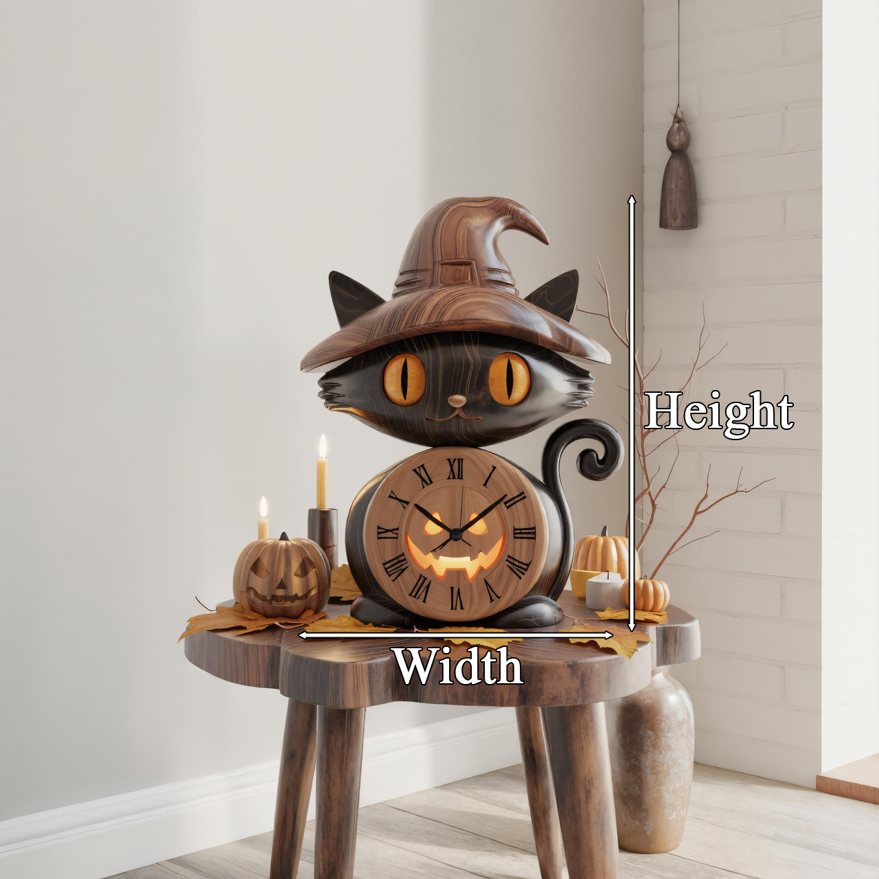 Wooden Black Cat Clock With Witch Hat For Halloween Mantel Decor SITHTTHW001