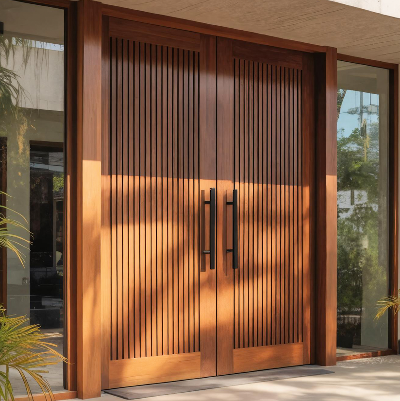 Modern Double Wooden Front Door With Vertical Slat Design For Entryway SITHTTDOR019