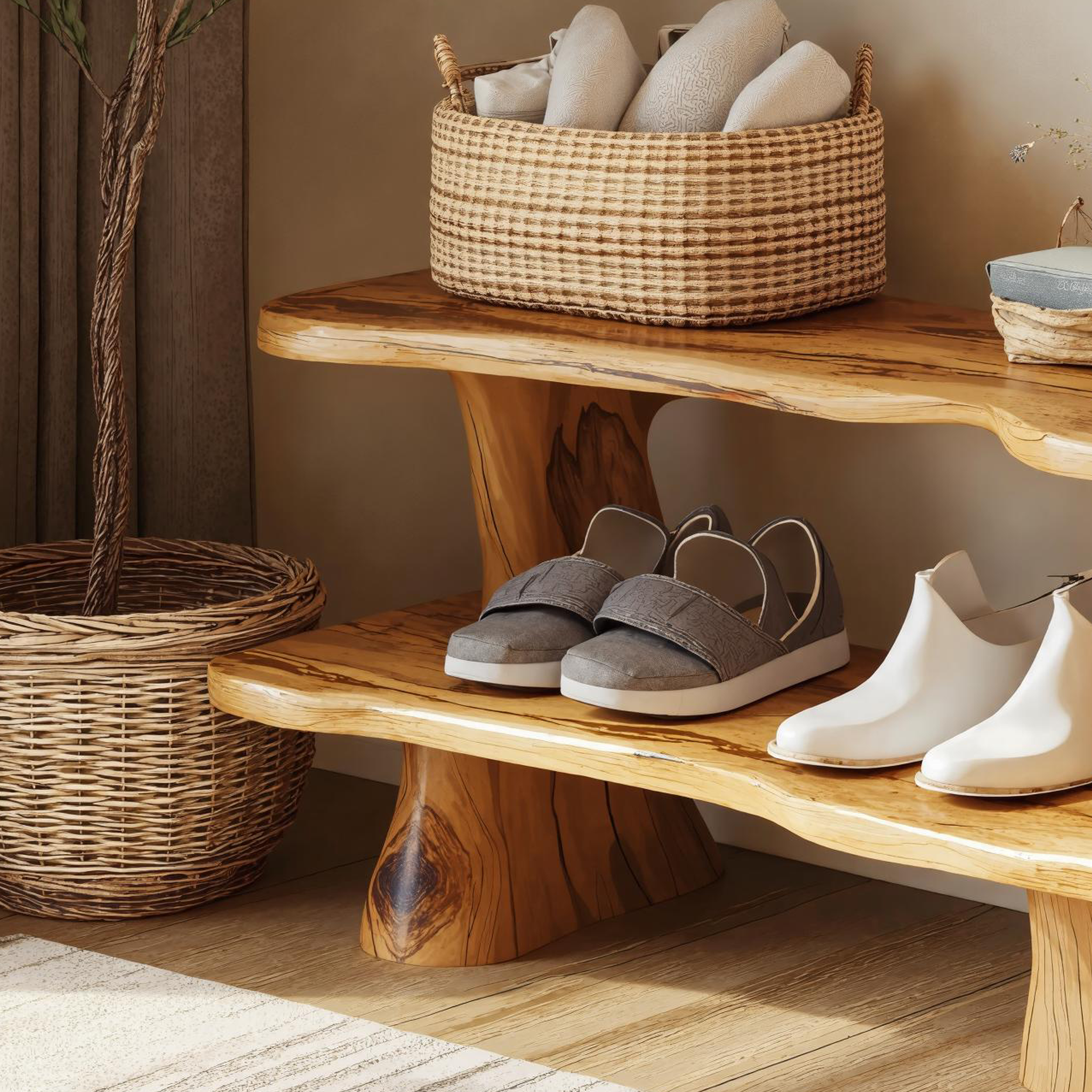 Rustic Natural Wood Shoe Bench For Entryway Storage SILDTSHB001