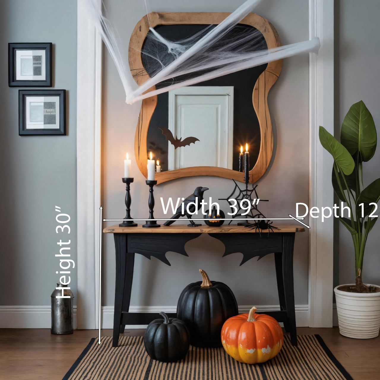 Halloween Wooden Console Table With Bat Wing Carving For Haunted House Decor SITHHNHW003