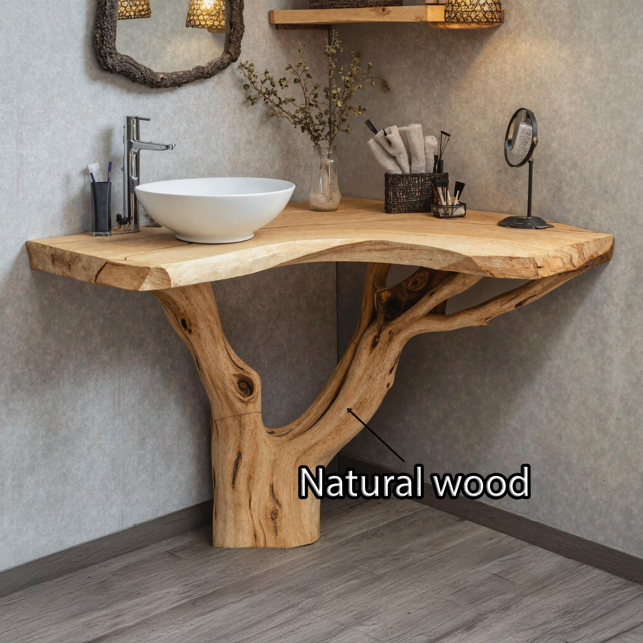 Handcrafted Curved Wooden Corner Bathroom Vanity With Vintage Touch SILDTBRV176